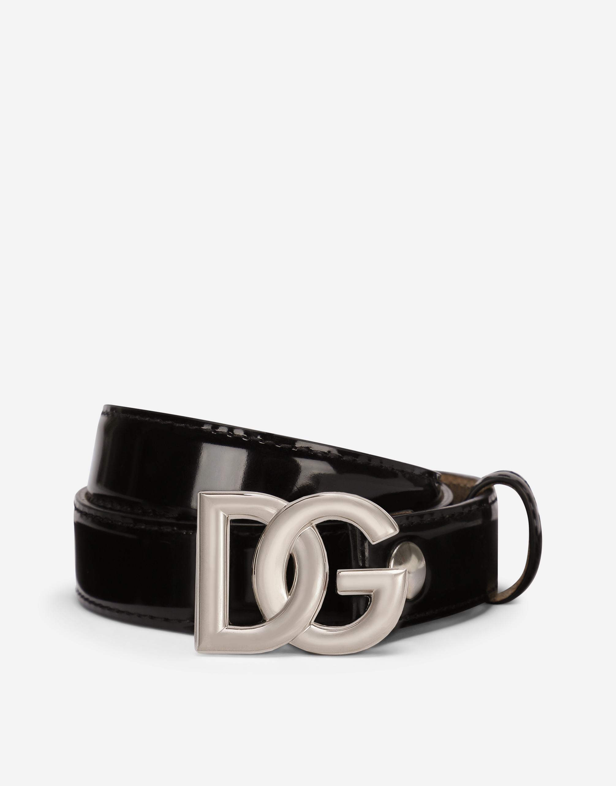Shiny calfskin belt with DG logo in Black