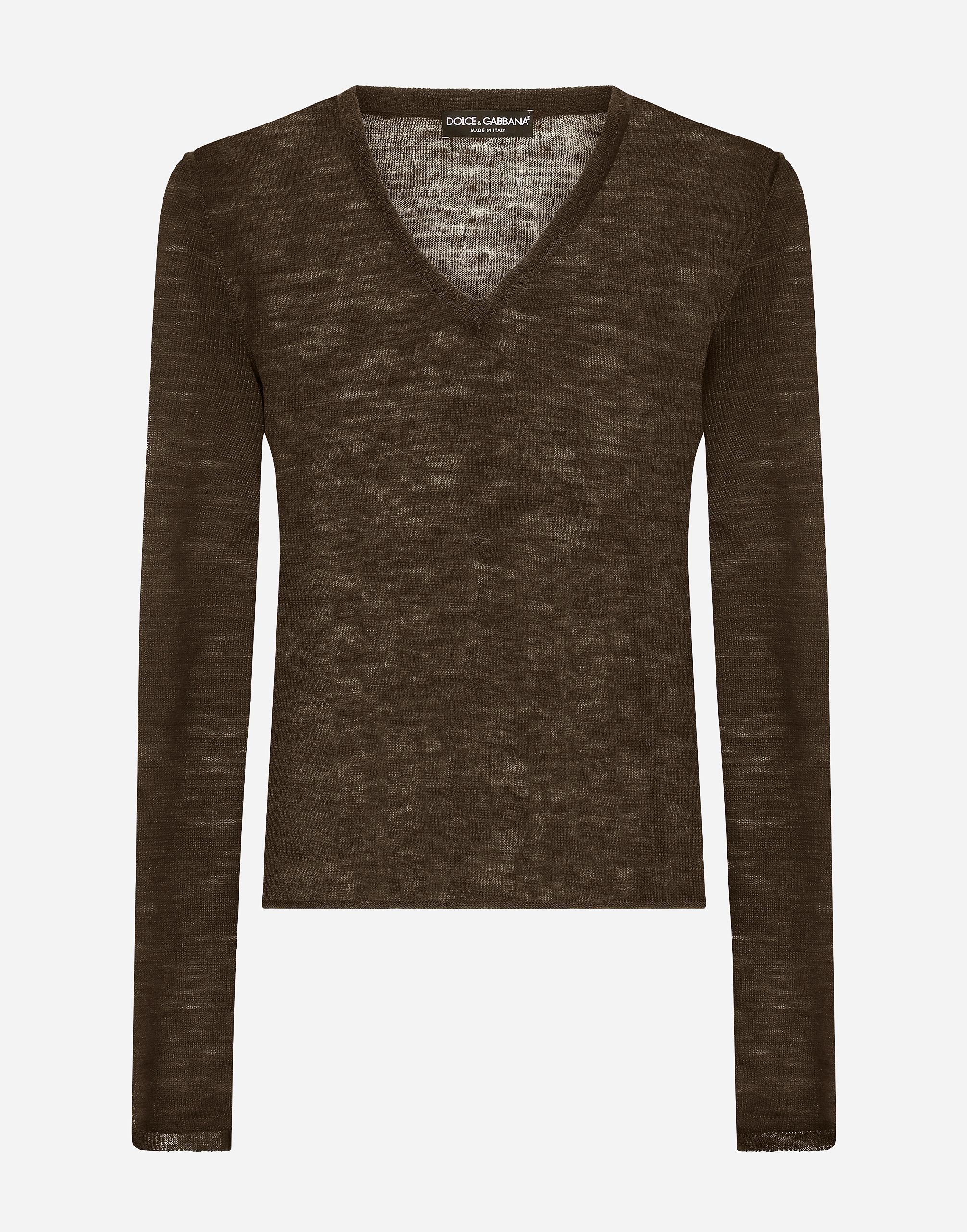 Technical linen V-neck sweater in Brown