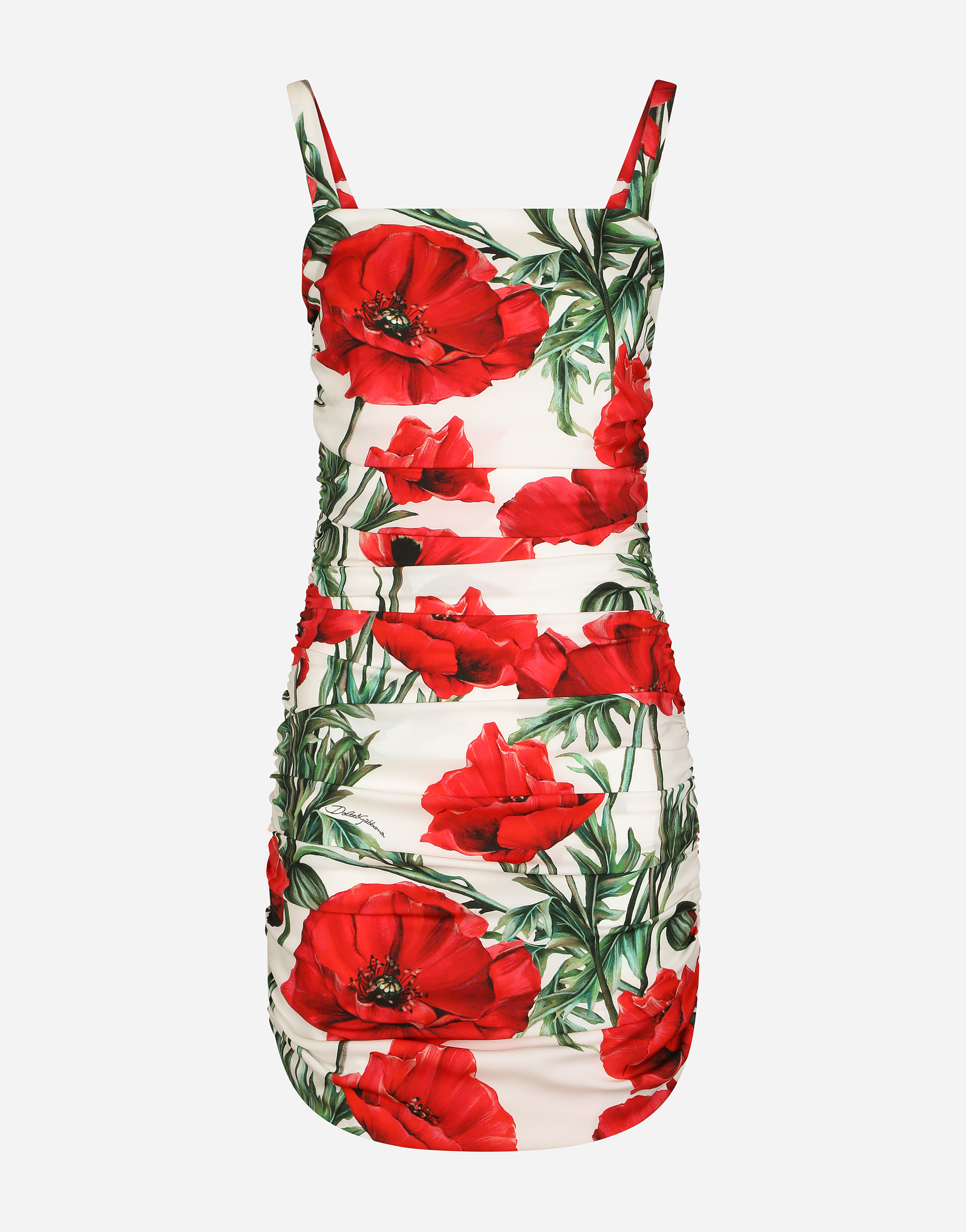 Short charmeuse dress with poppy print in Multicolor