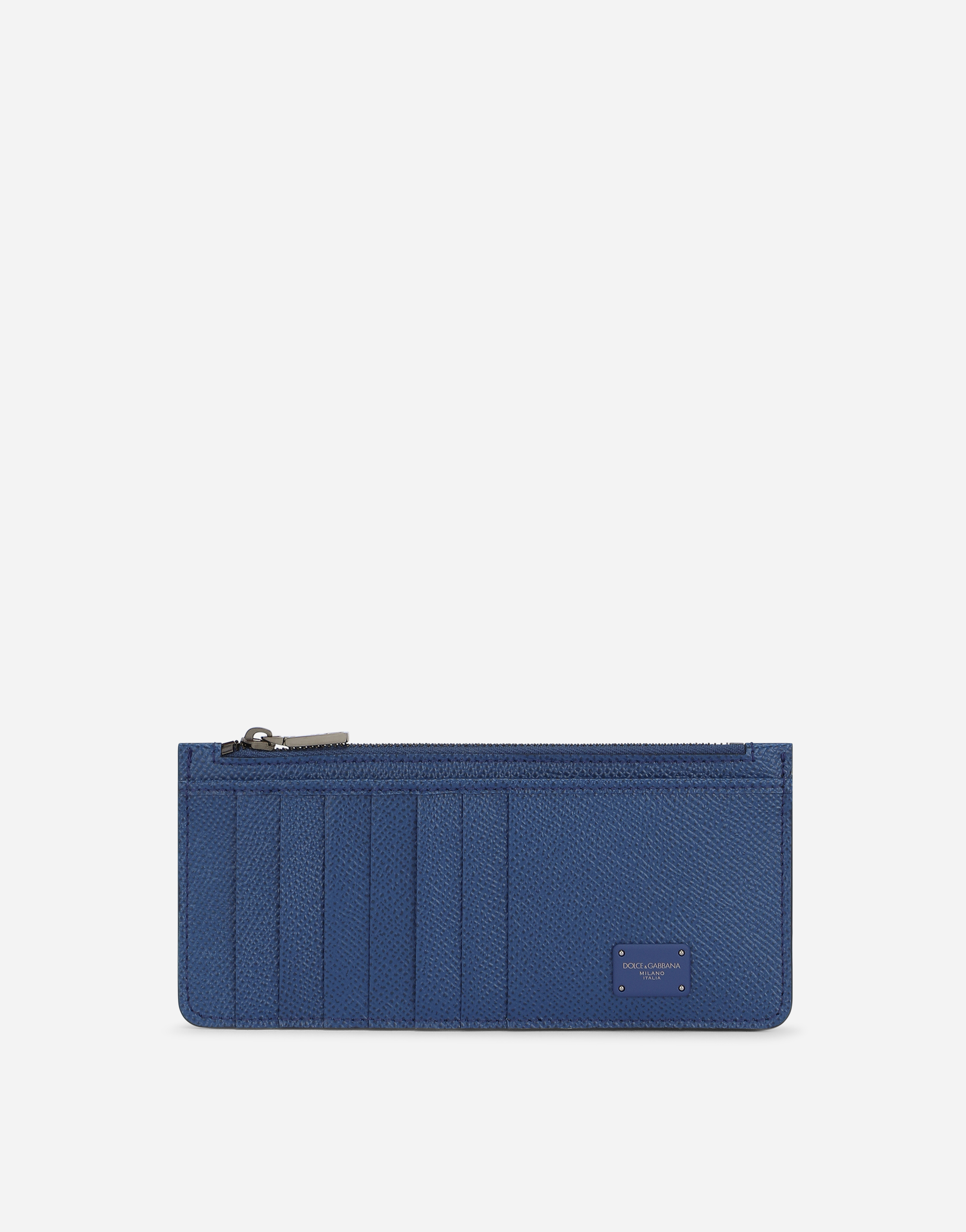 Dauphine calfskin vertical card holder with branded tag in Blue