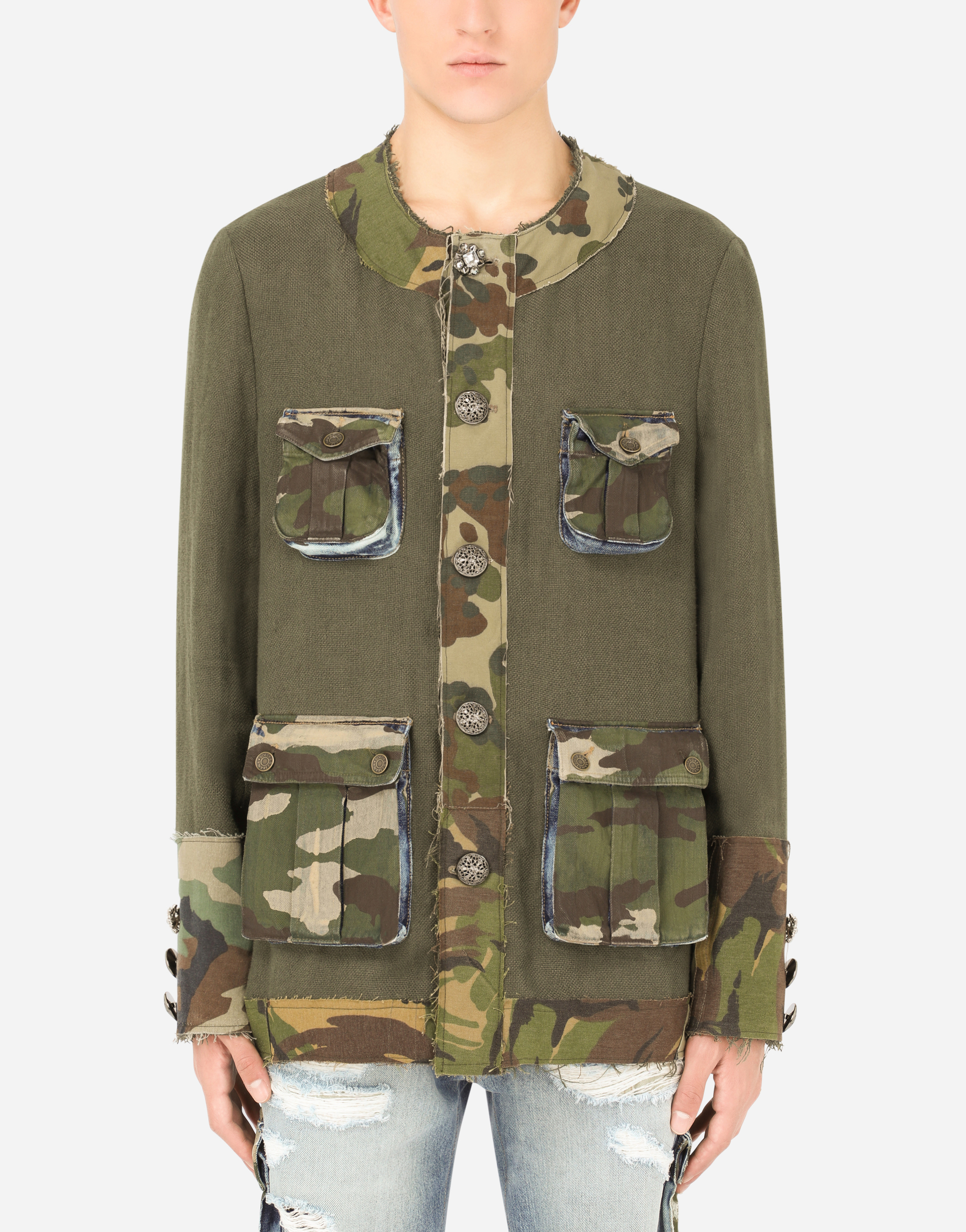 Deconstructed linen jacket with camouflage details in Multicolor