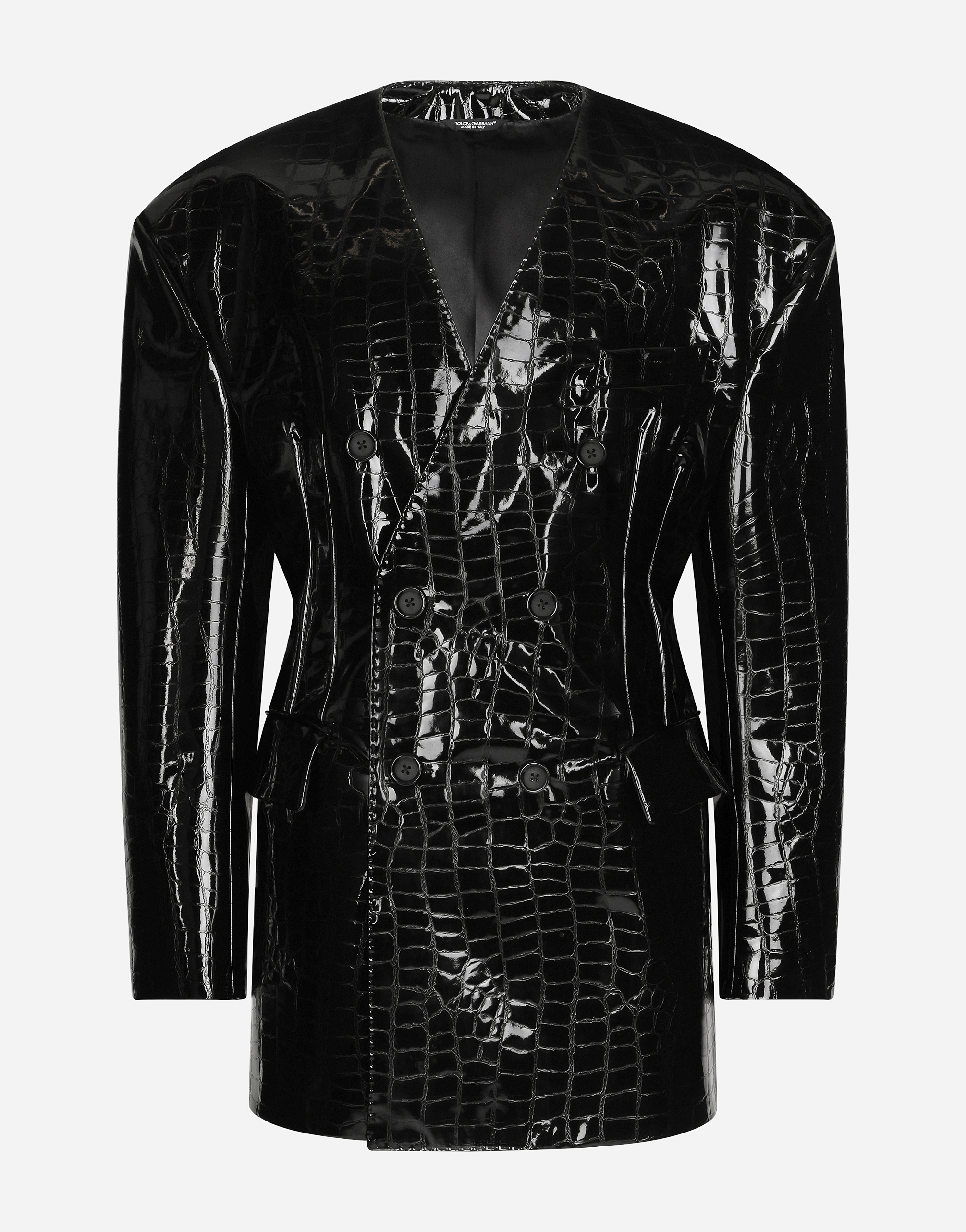 Double-breasted printed technical fabric jacket in Black