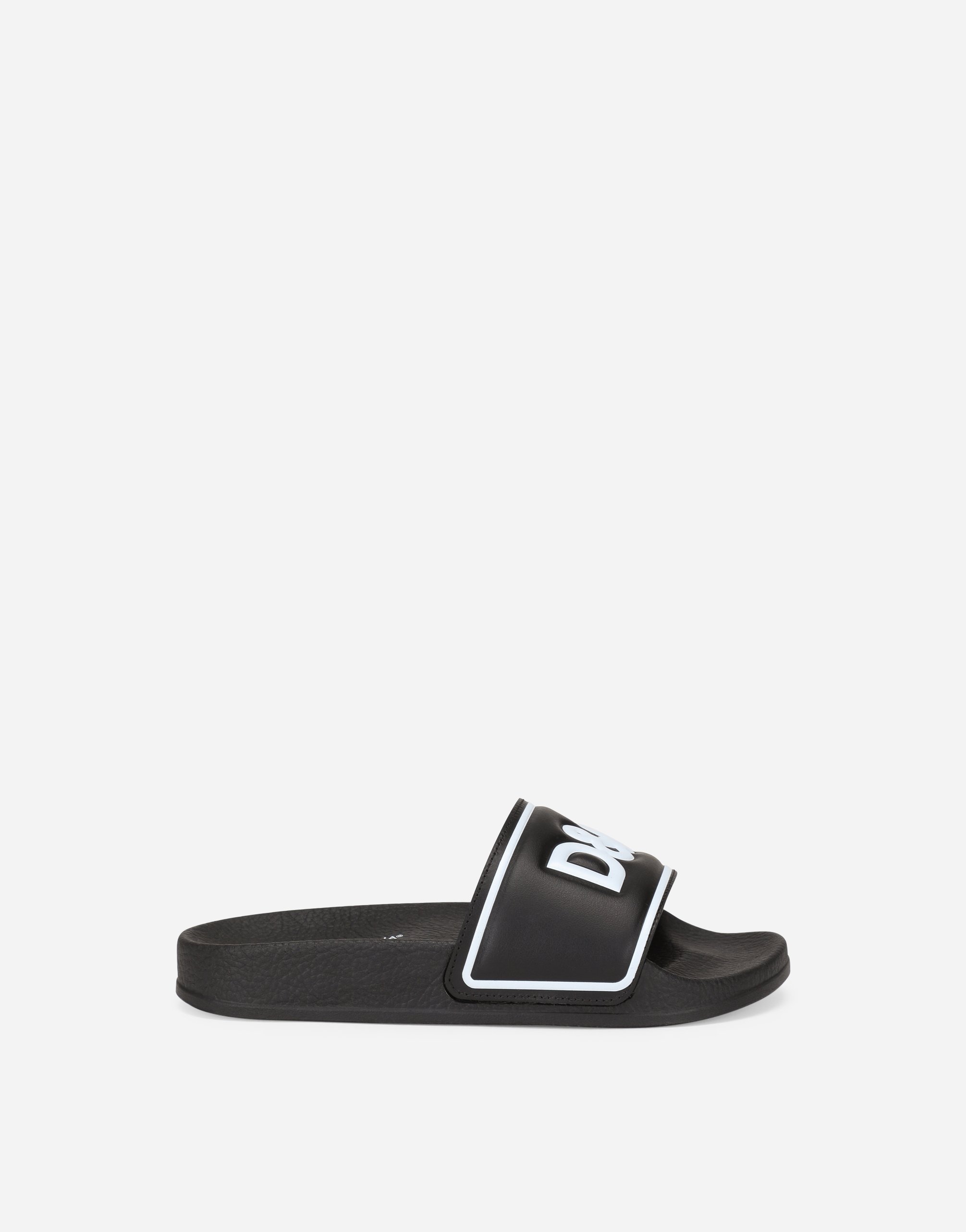 Rubber and calfskin sliders with logo print in Multicolor