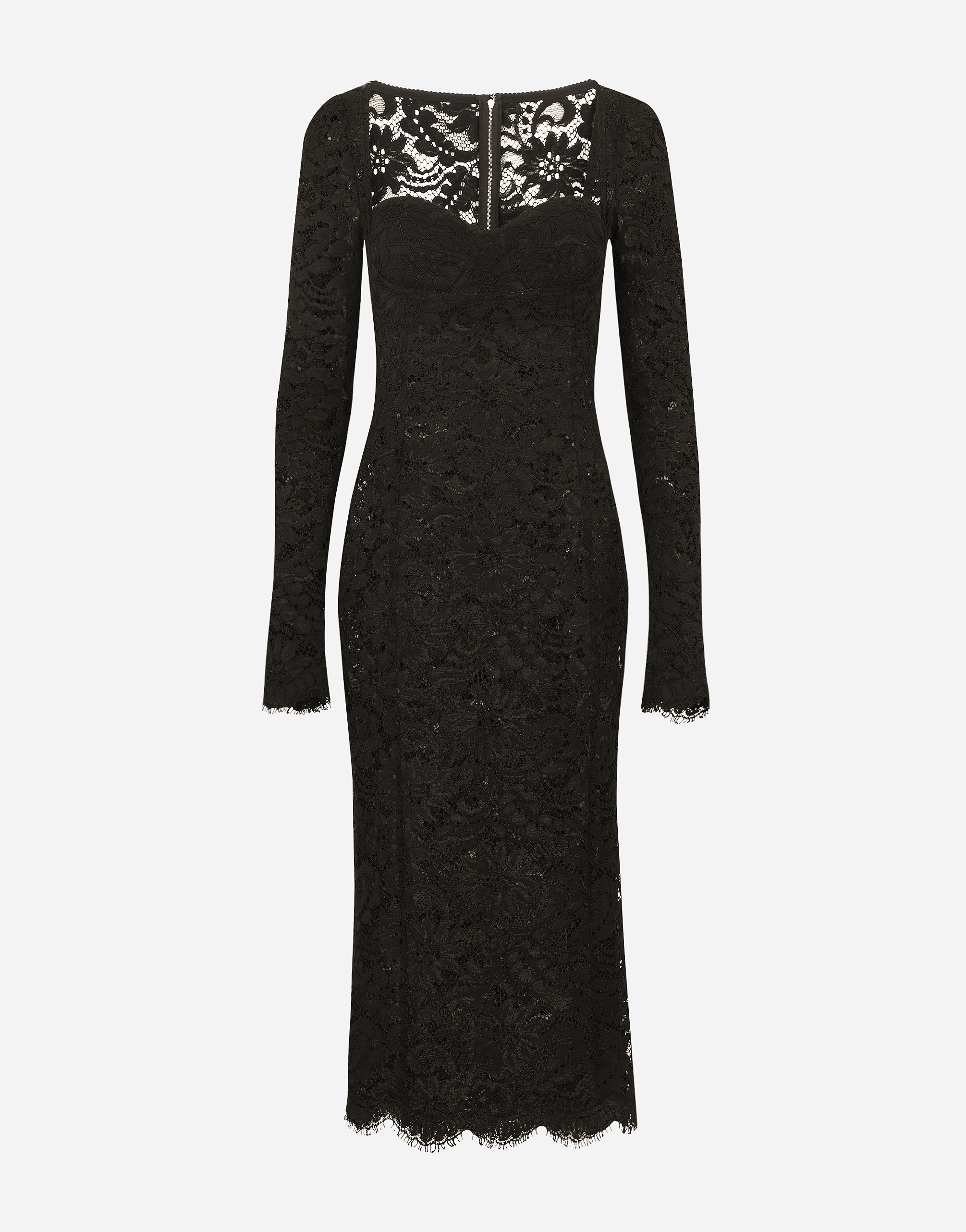 Lace calf-length dress with scalloped detailing in Black