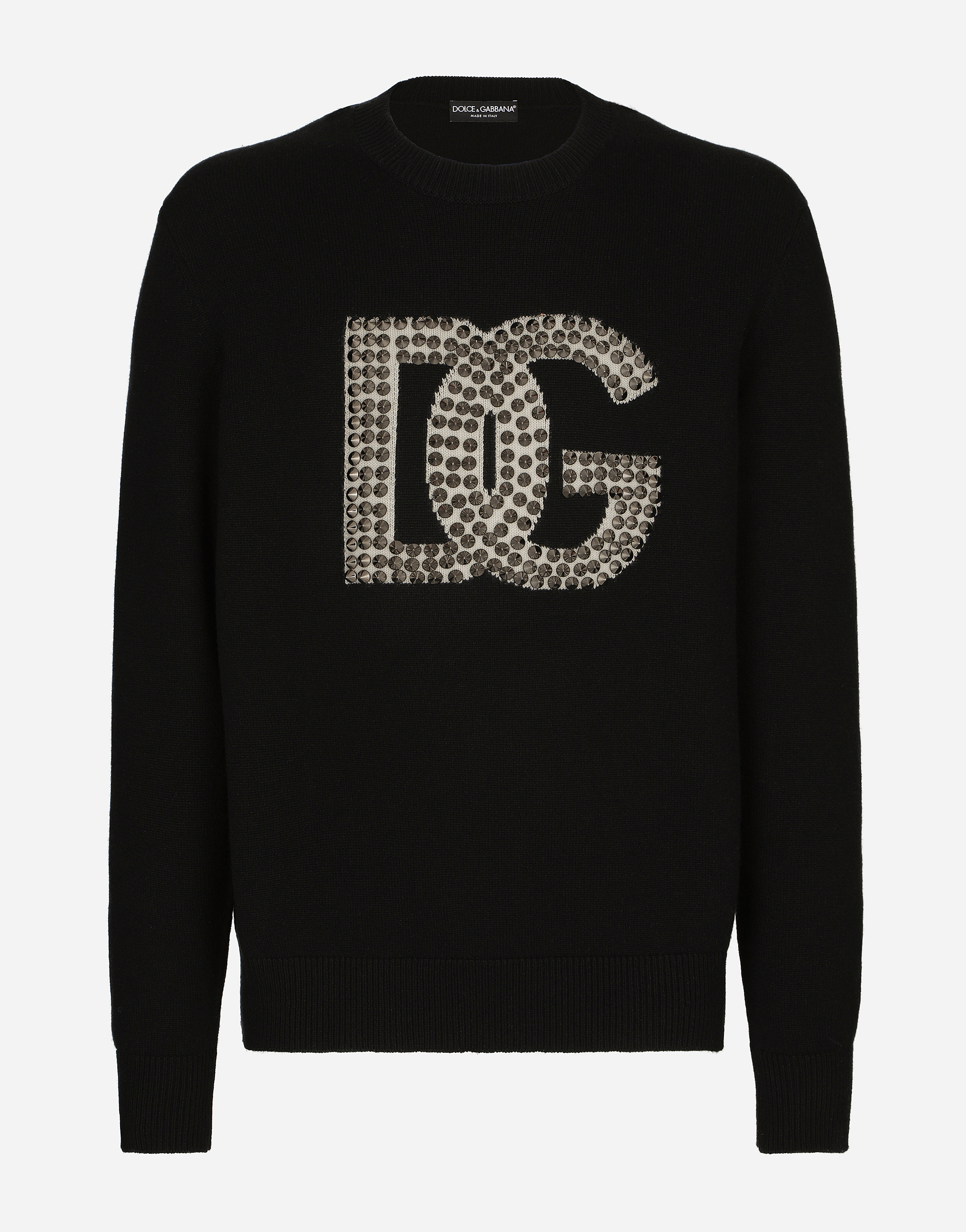 Round-neck cashmere sweater with DG logo and studs in Multicolor