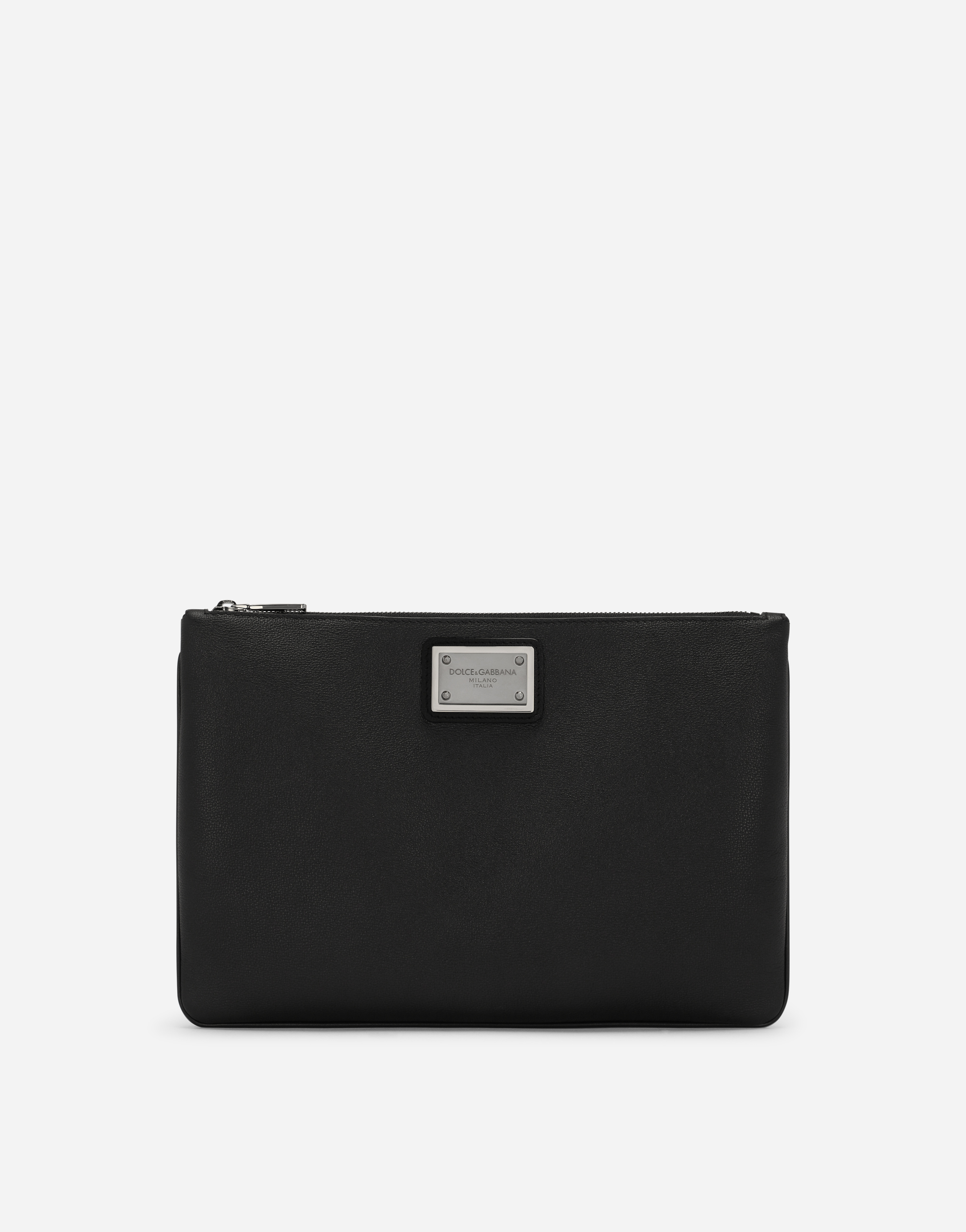 Grainy calfskin and nylon pouch in Black
