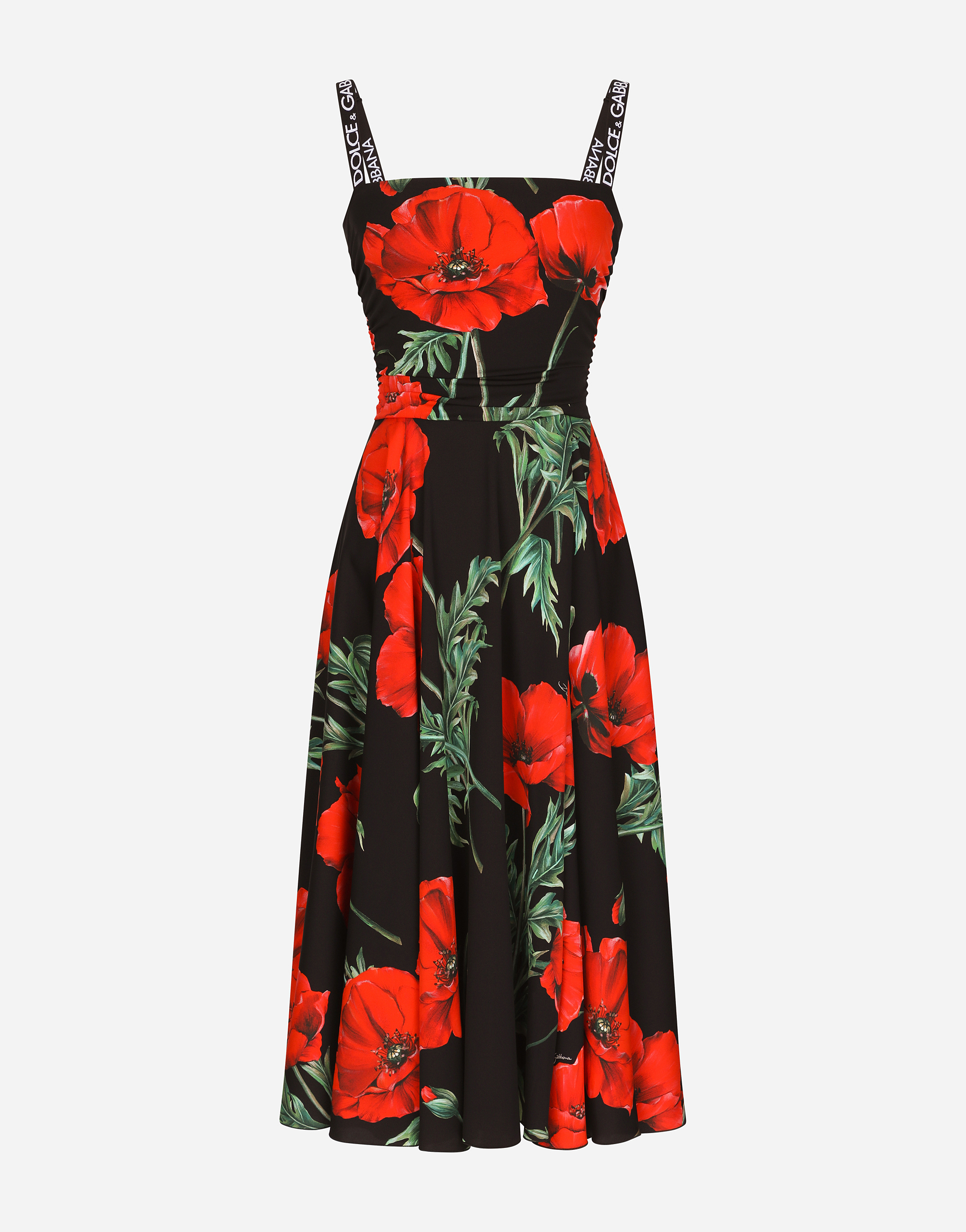 Charmeuse calf-length dress with poppy print in Multicolor