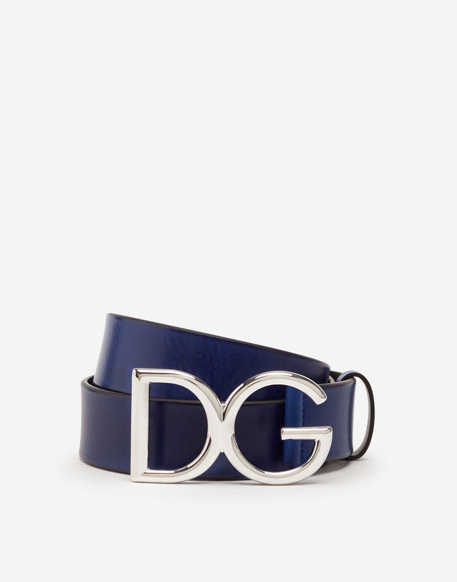 Tumbled leather belt with DG logo in Blue/Silver