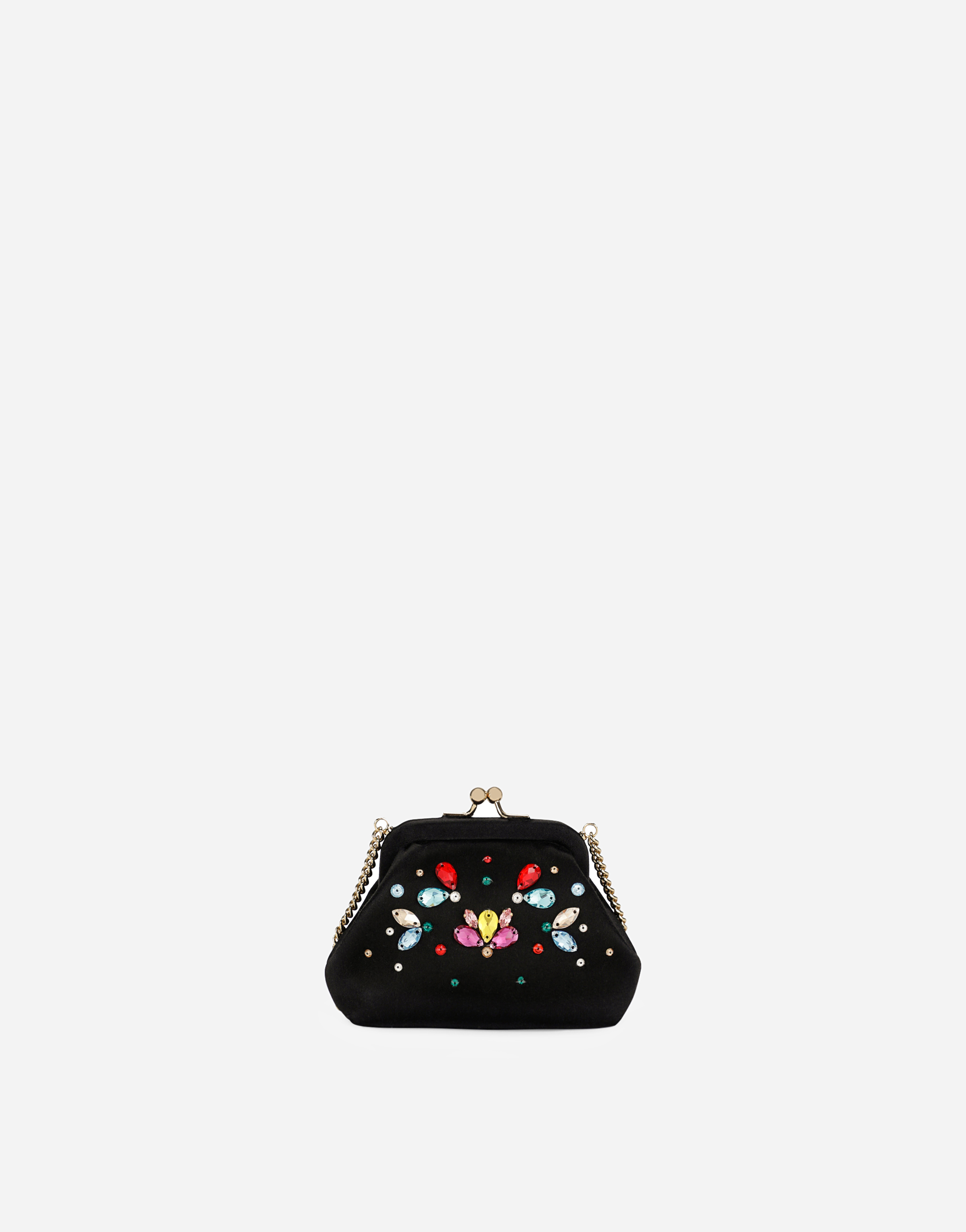 Satin shoulder bag with multi-colored crystals in Black