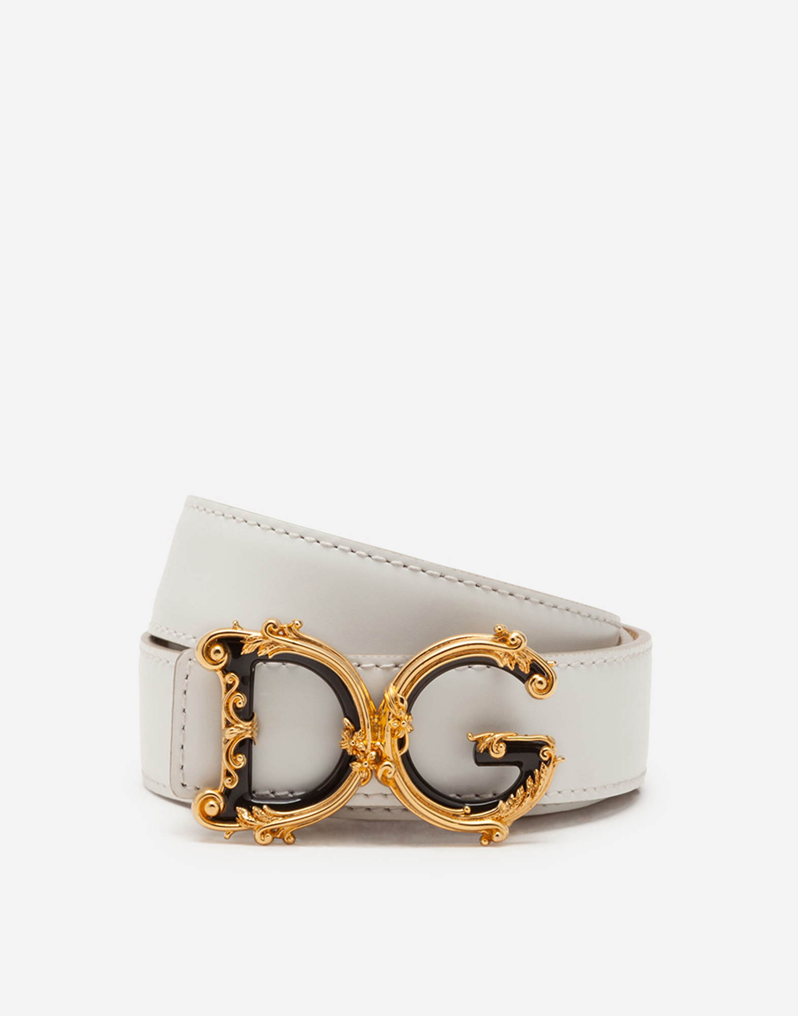 Leather belt with DG baroque logo in White
