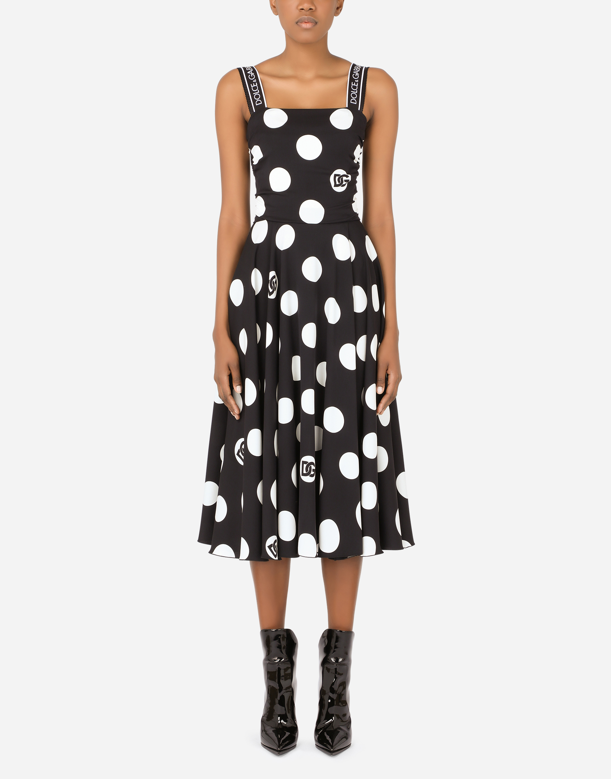 Charmeuse calf-length dress with polka-dot print, circle skirt and slit in Multicolor