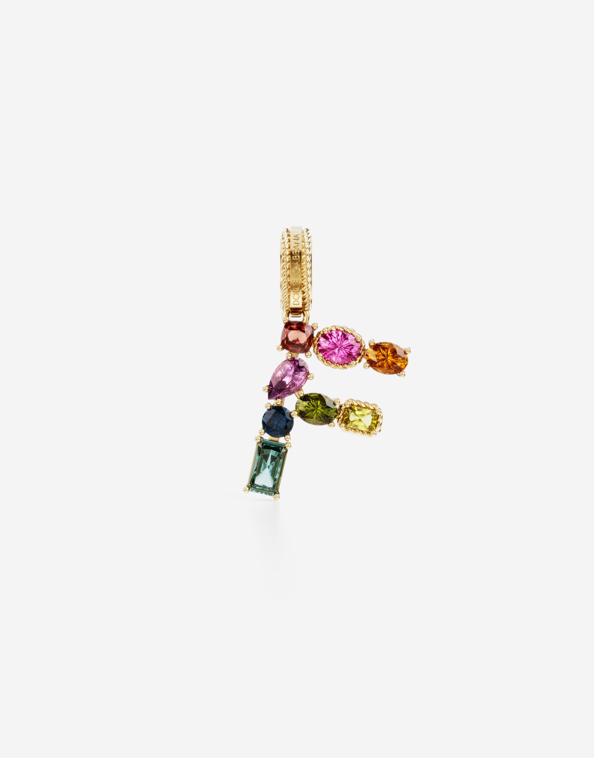 Rainbow alphabet F 18 kt yellow gold charm with multicolor fine gems in Gold