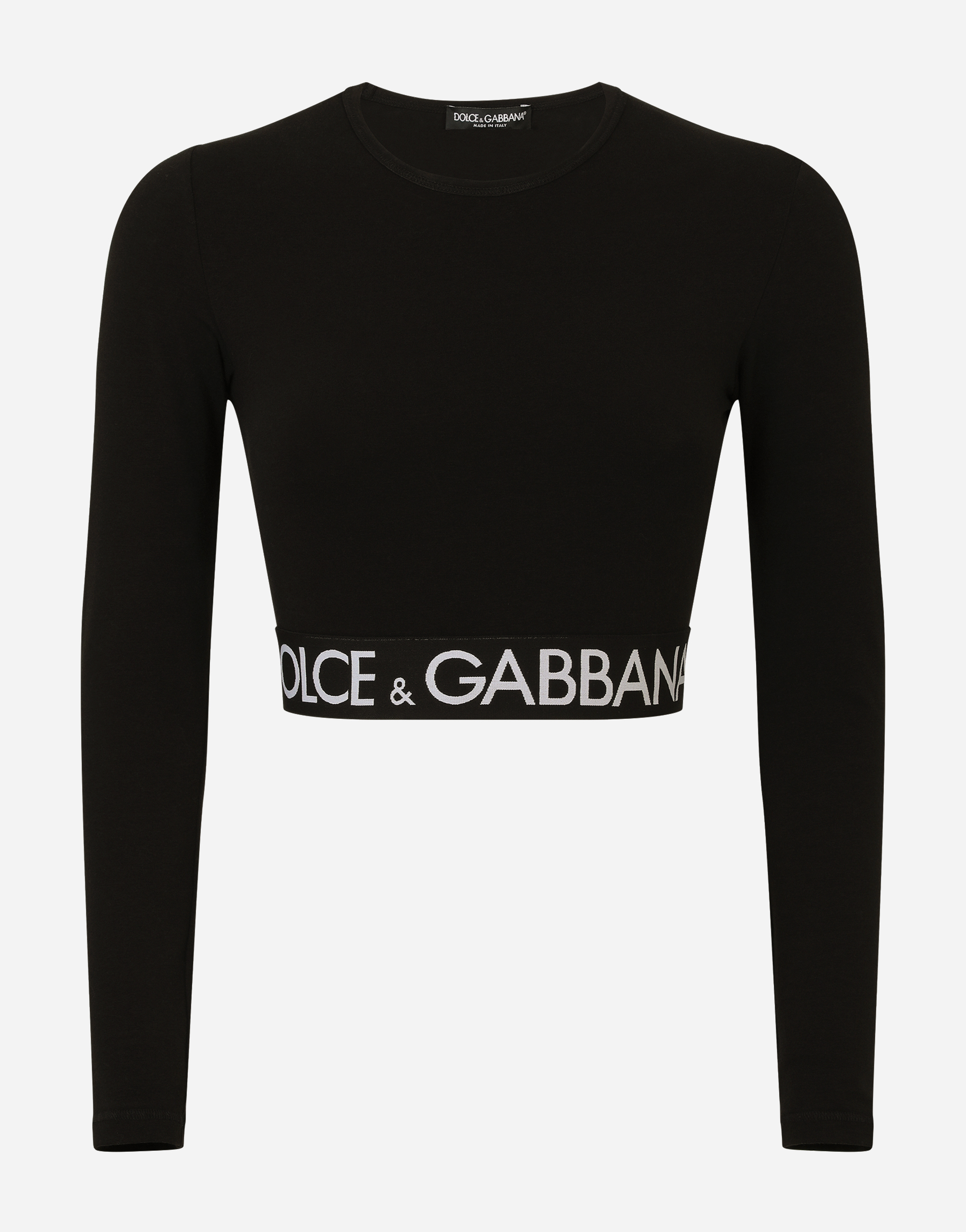 Long-sleeved cropped jersey T-shirt with branded elastic in Black
