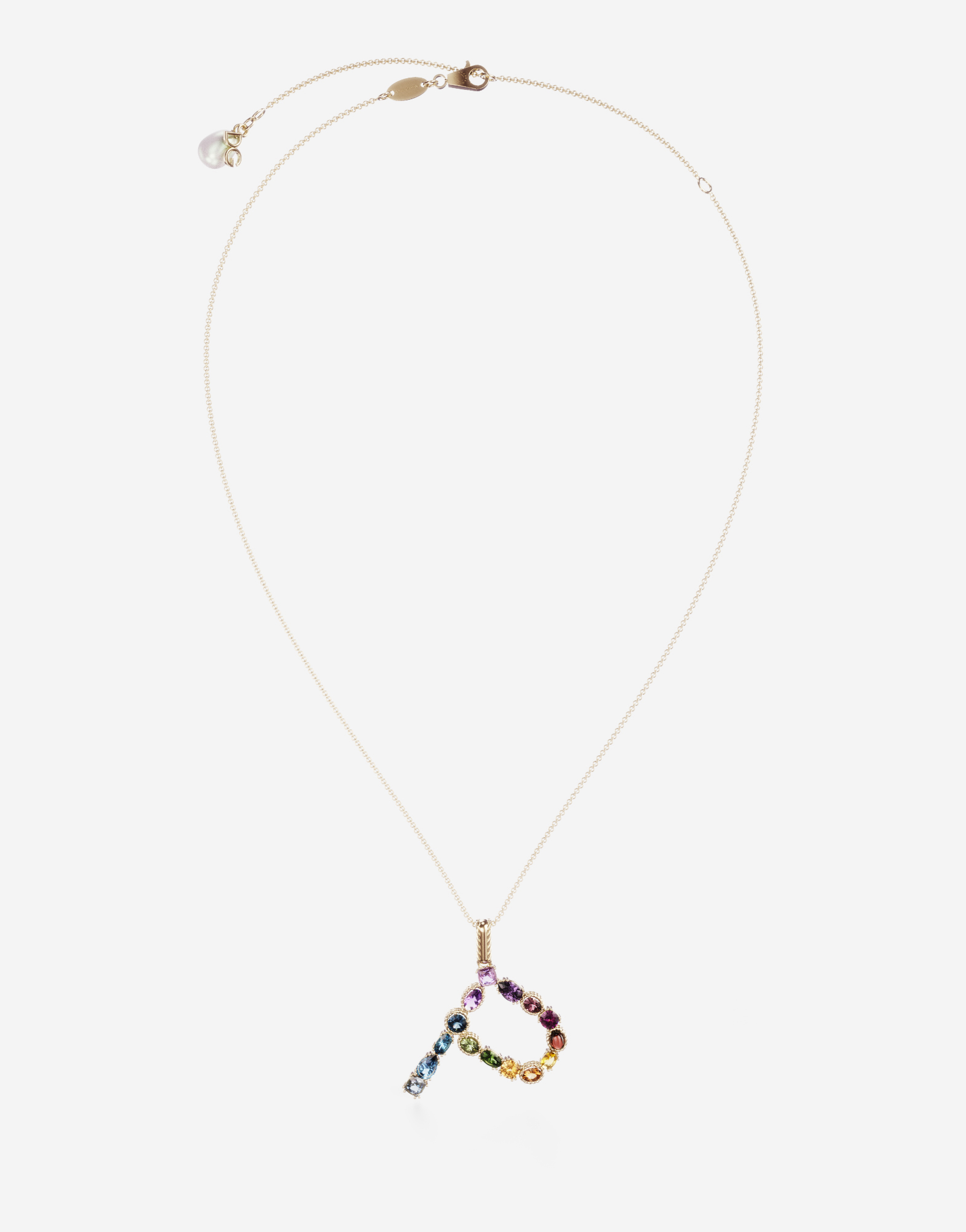 Rainbow alphabet P pendant in yellow gold with multicolor fine gems in Gold
