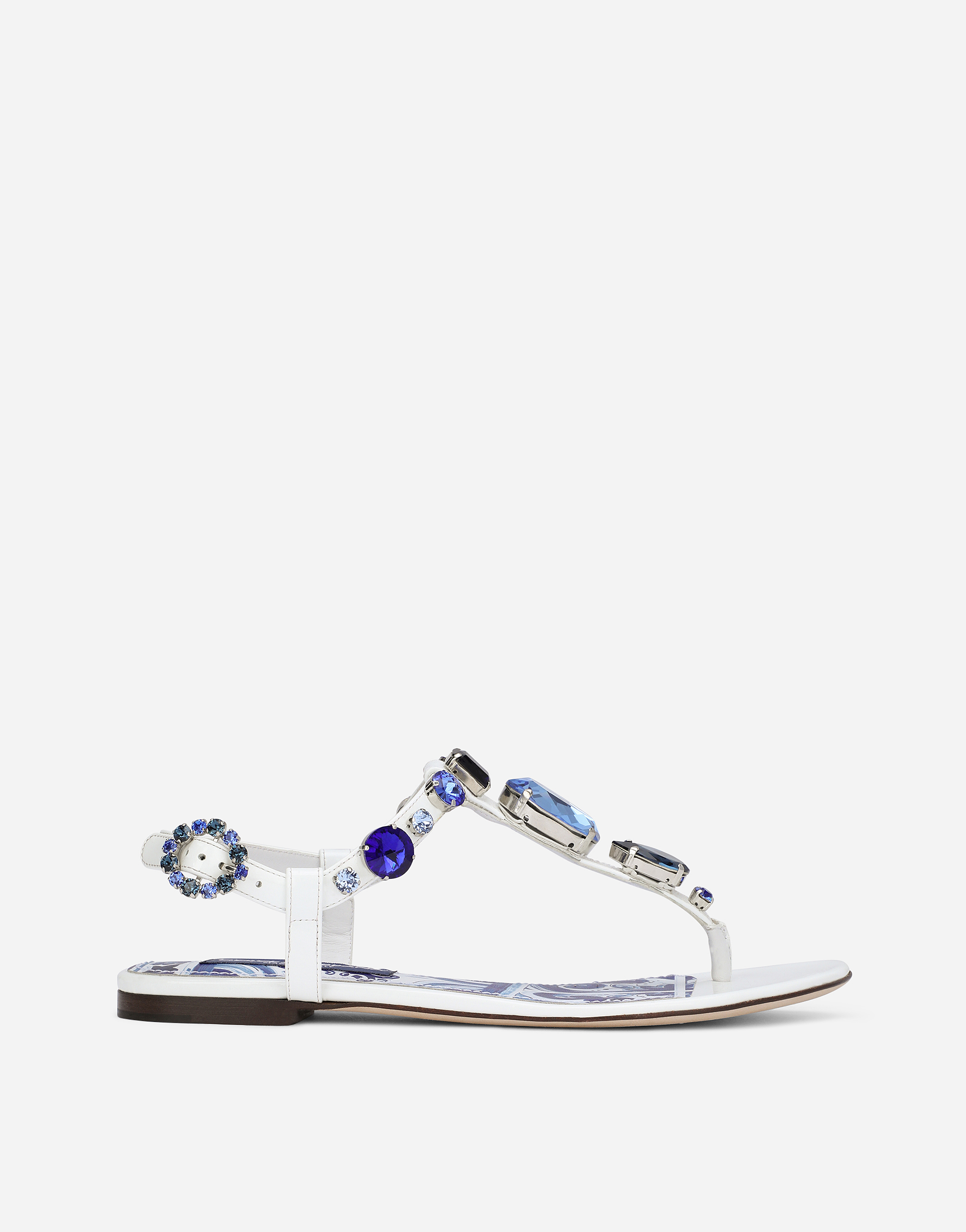 Patent leather thong sandals with embroidery in White