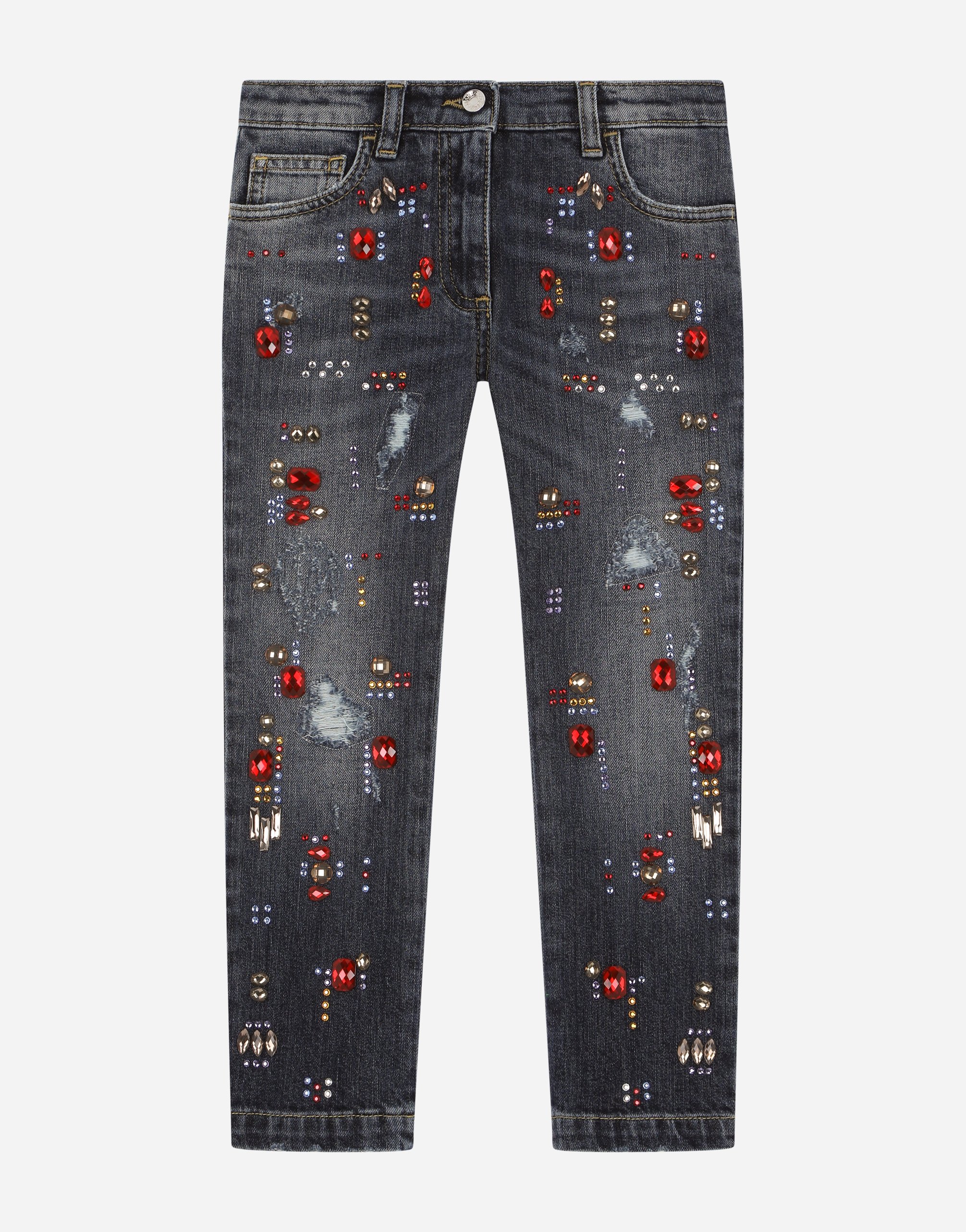 Jeans with multi-colored fusible rhinestone appliqué in Blue