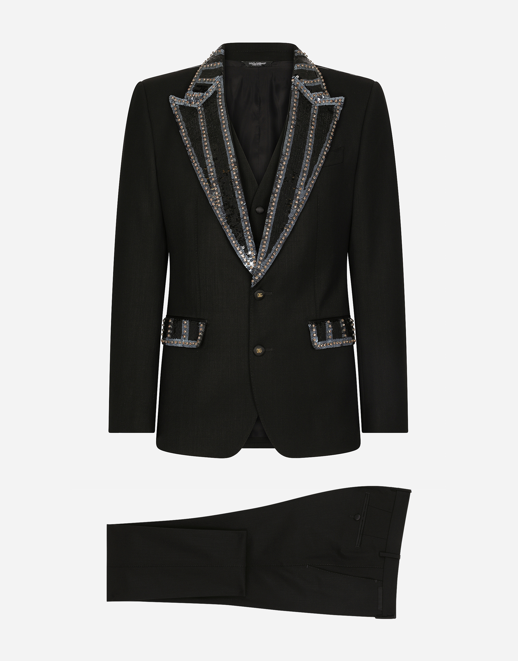 Three-piece stretch wool Sicilia-fit suit with rhinestones in Black
