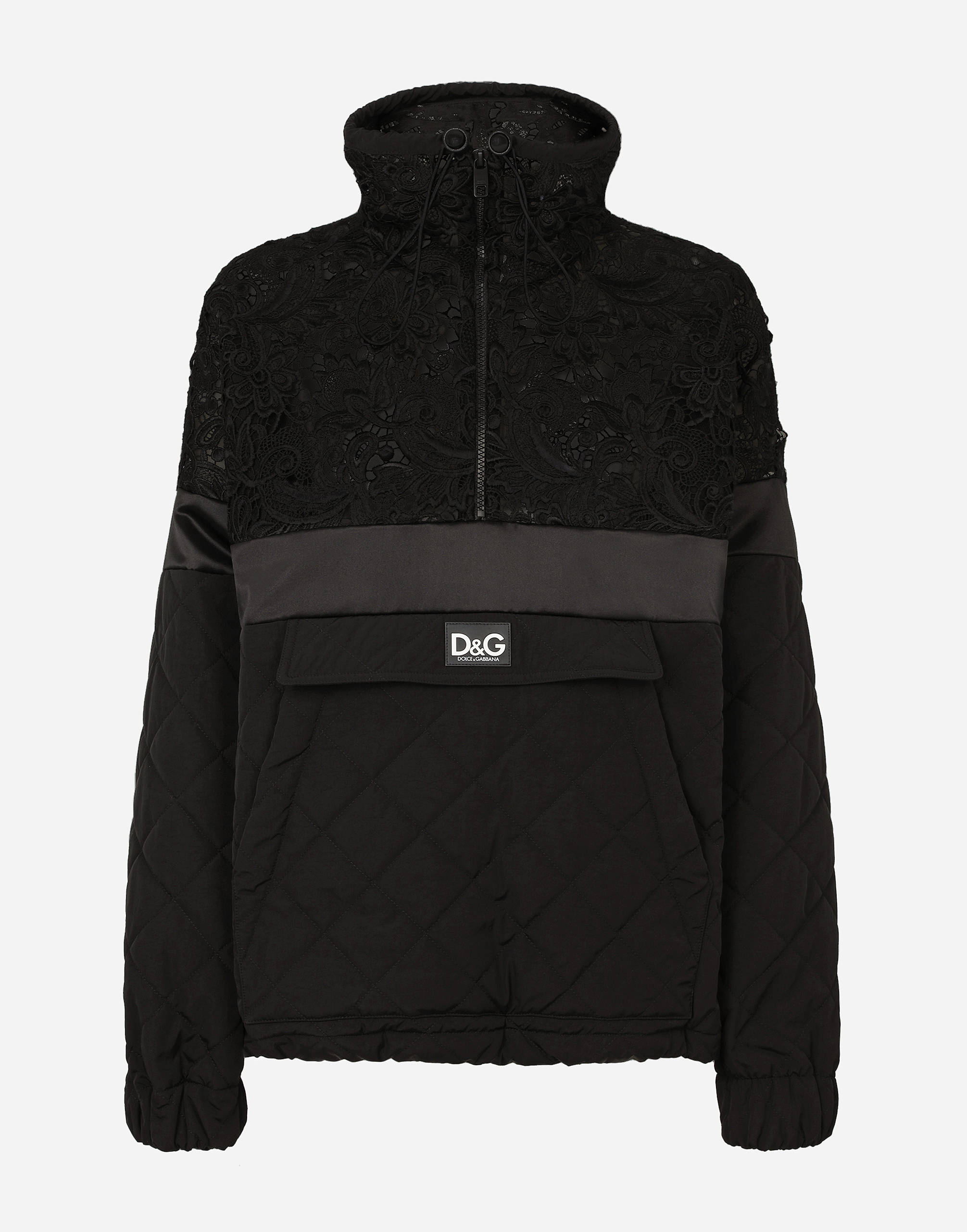 Quilted nylon and macramé lace anorak in Black