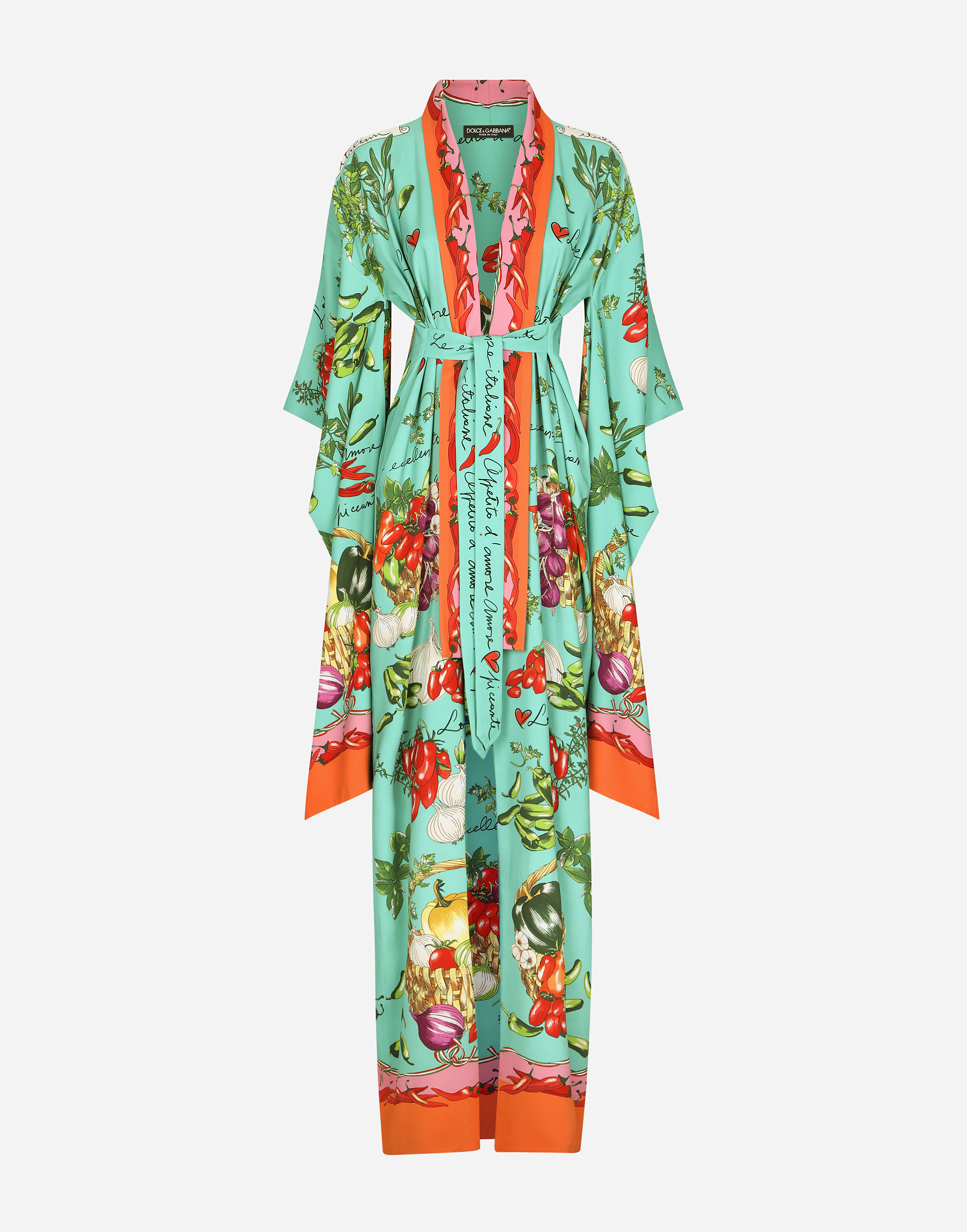 Vegetable-print charmeuse kimono in Multicolor