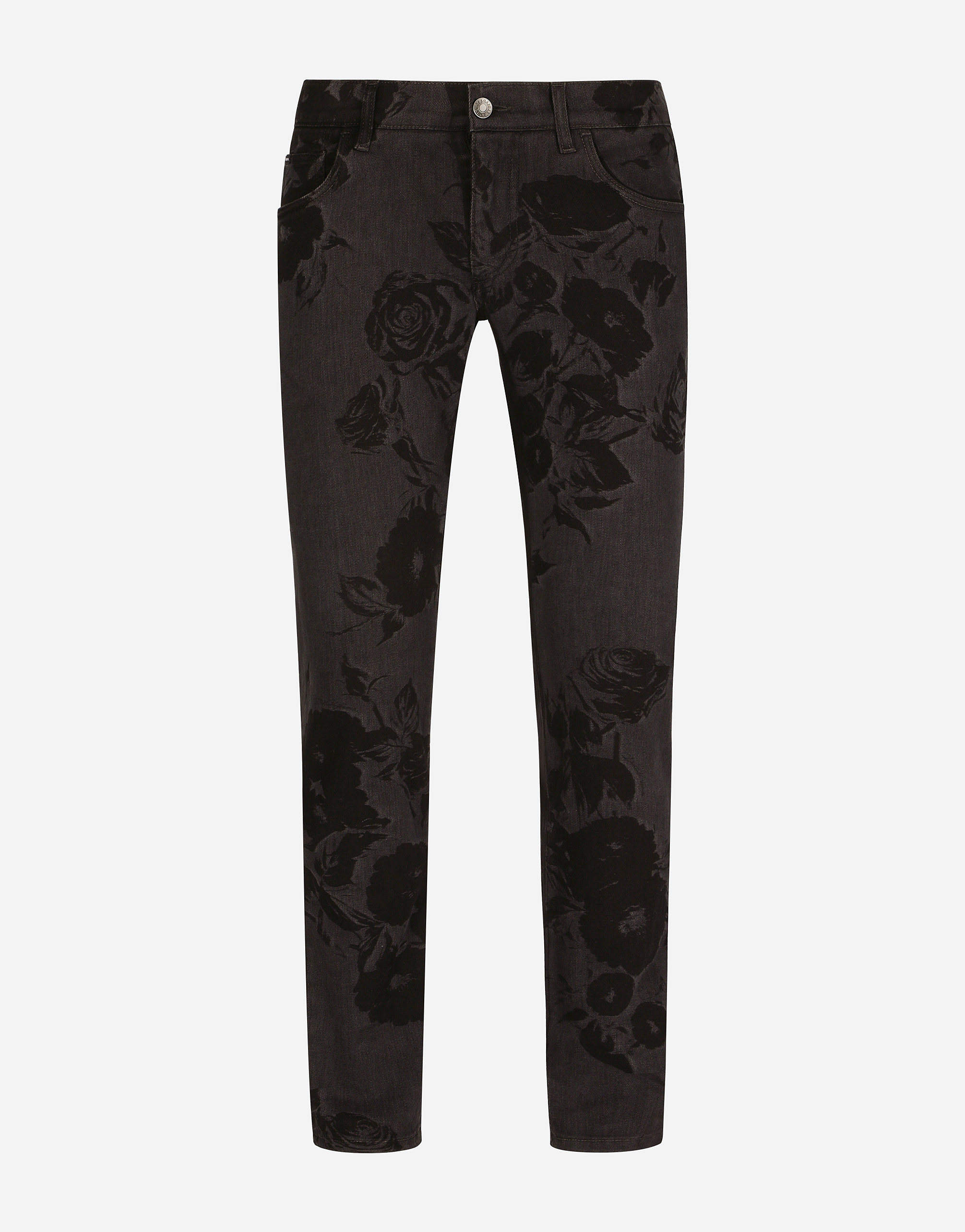 Black skinny jeans with laser-etched rose design in Multicolor