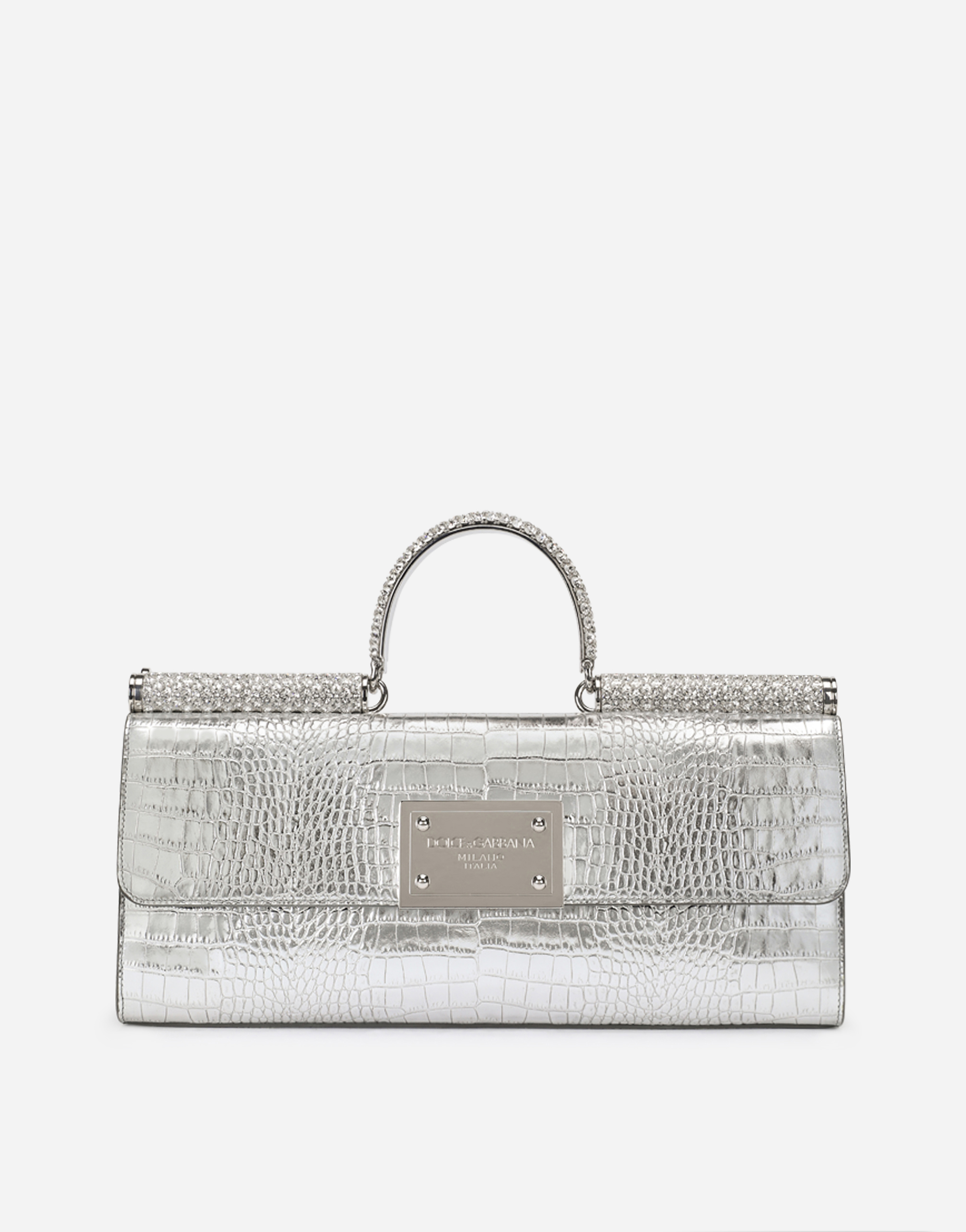 90s Sicily bag in foiled crocodile-print calfskin with rhinestones in Silver