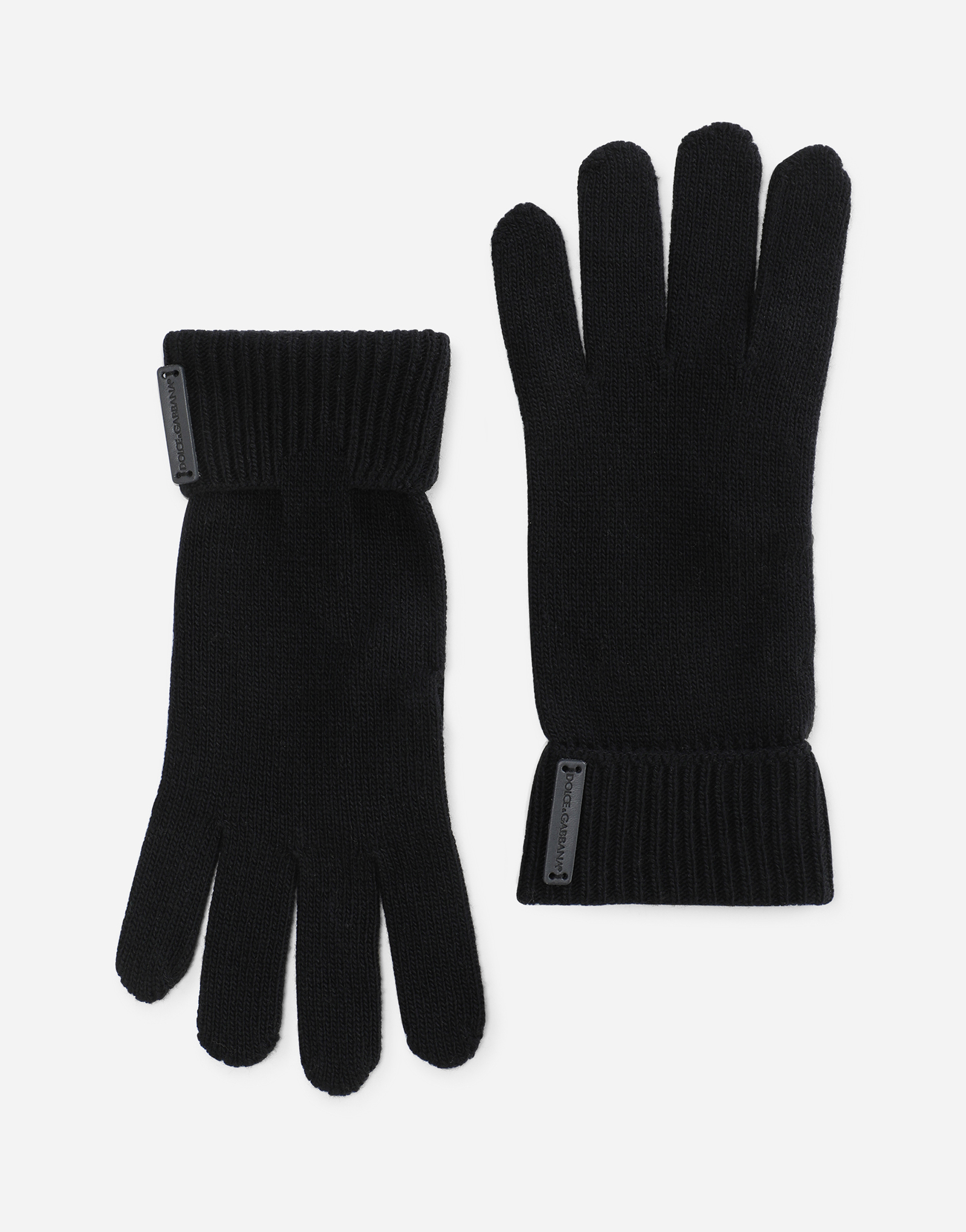 Knit wool gloves with leather logo in Black