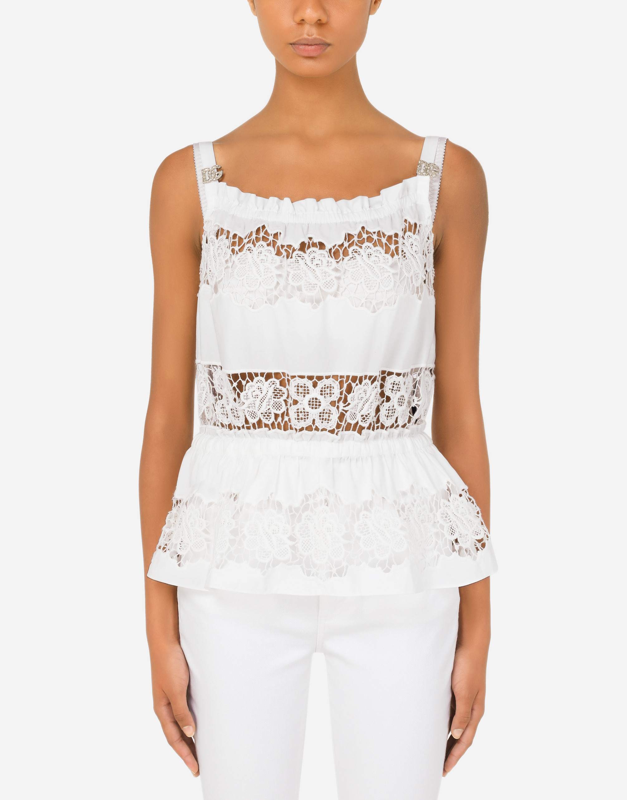 Poplin top with openwork embroidery in White