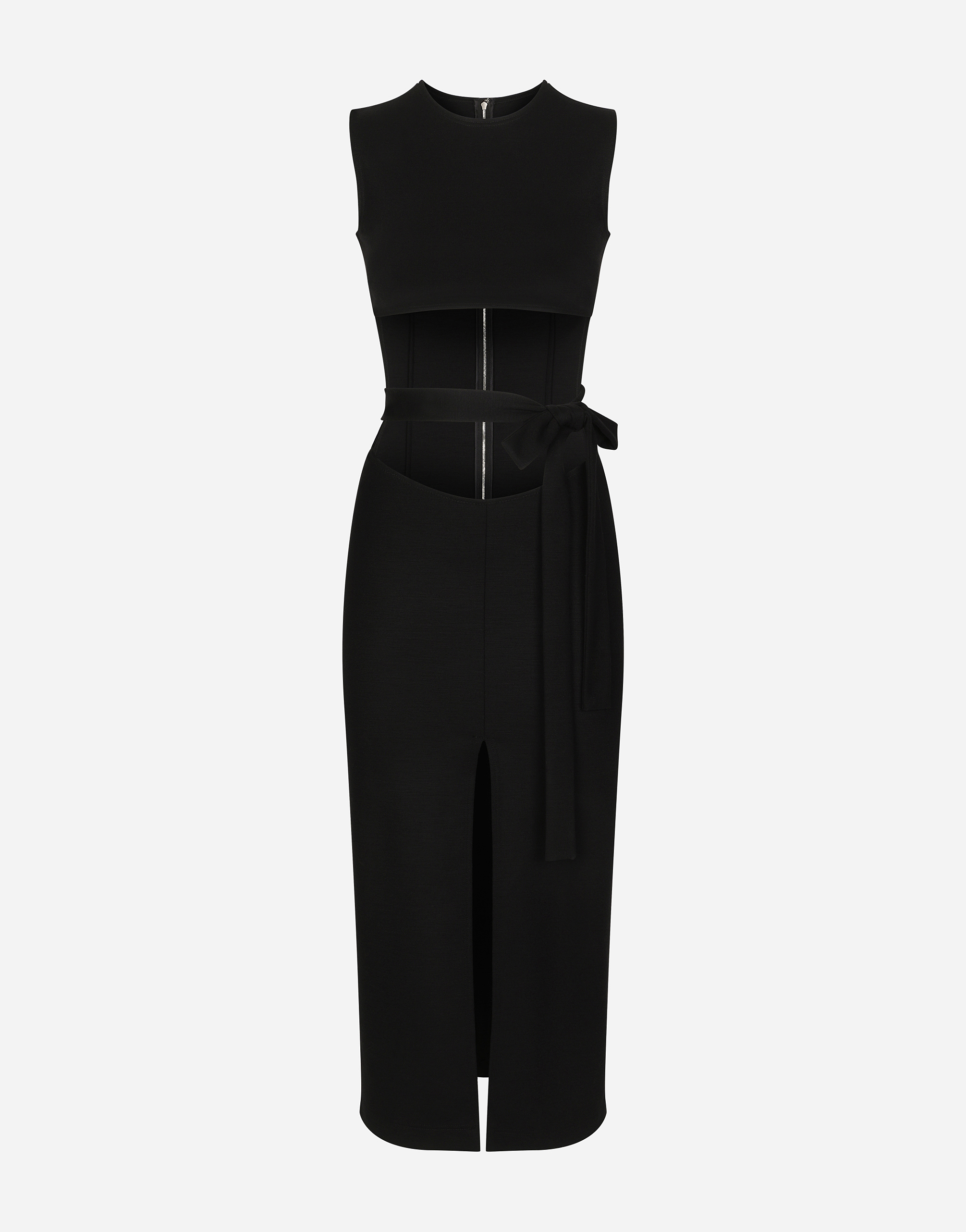 Belted jersey calf-length dress in Black