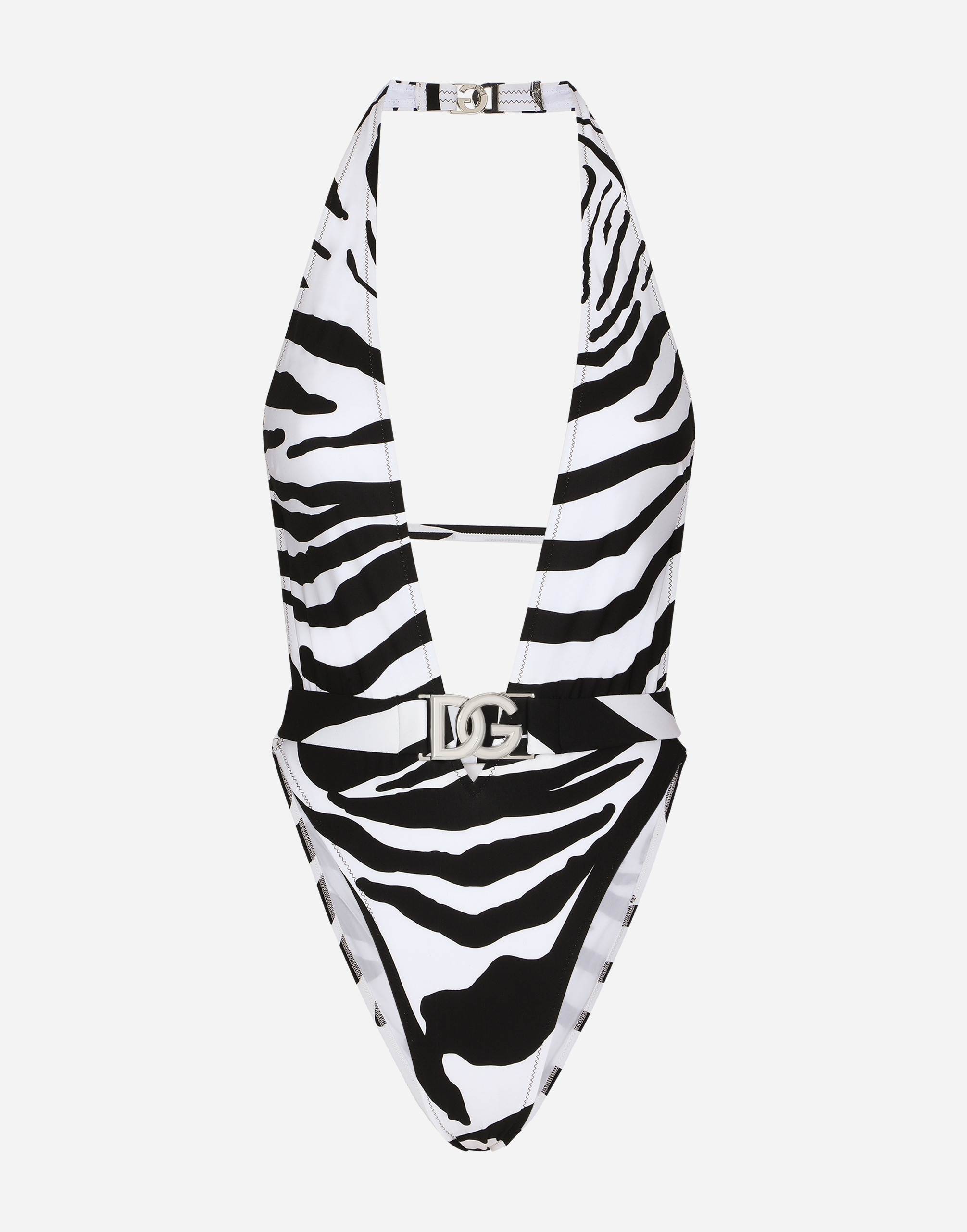 Zebra-print one-piece swimsuit with plunging neckline in Multicolor