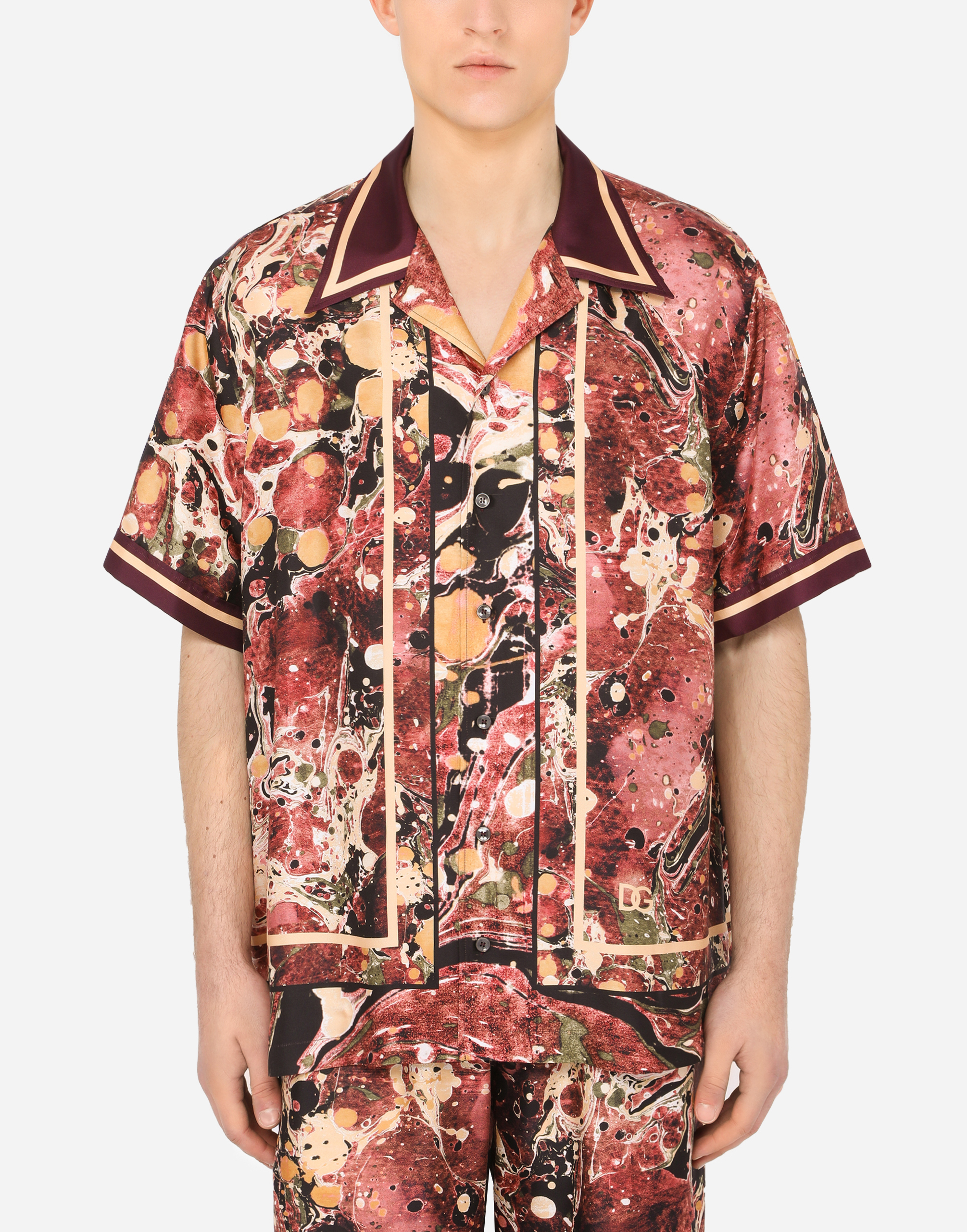 Silk Hawaiian shirt with marbled print in Multicolor