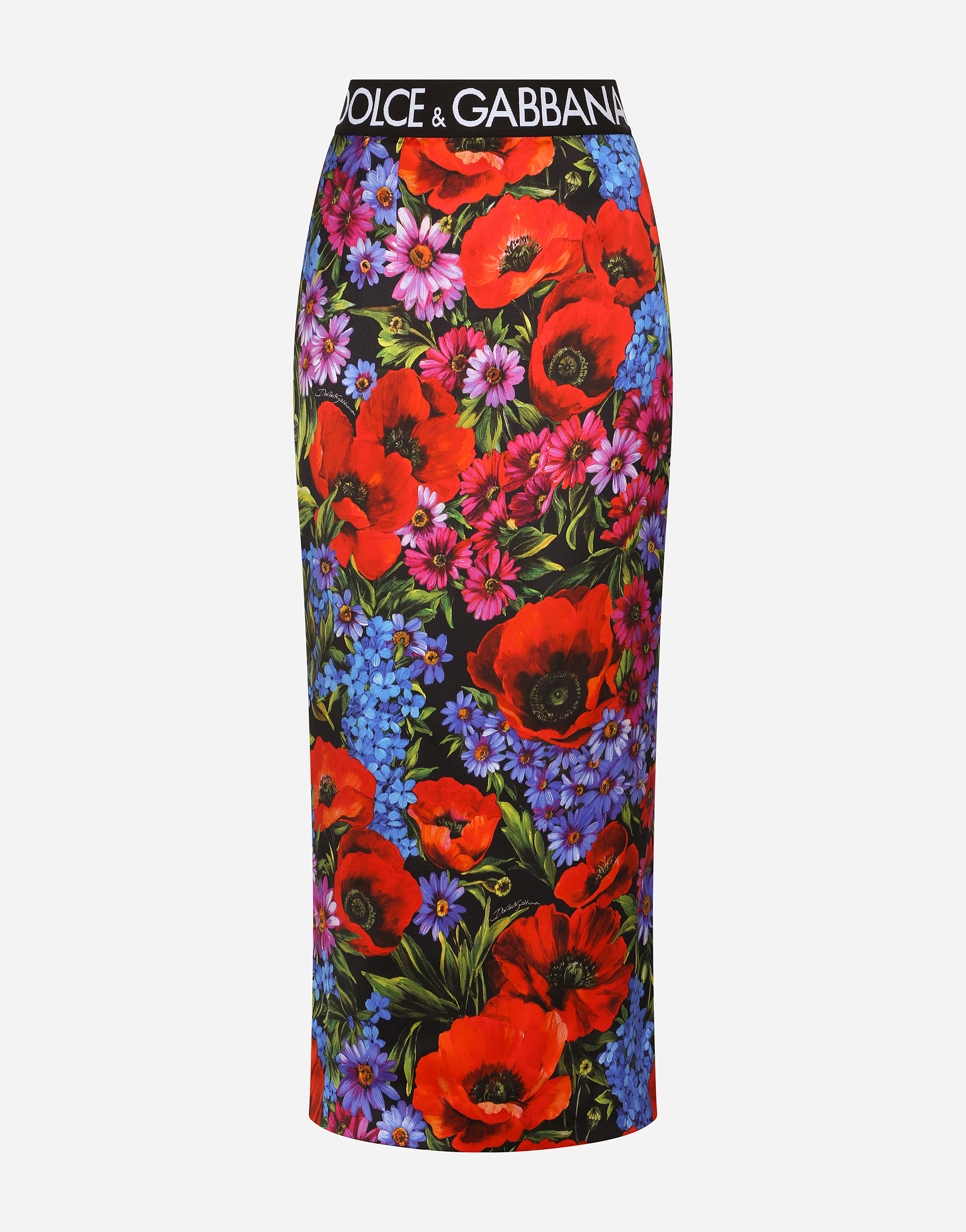 Meadow-print satin calf-length skirt in Multicolor