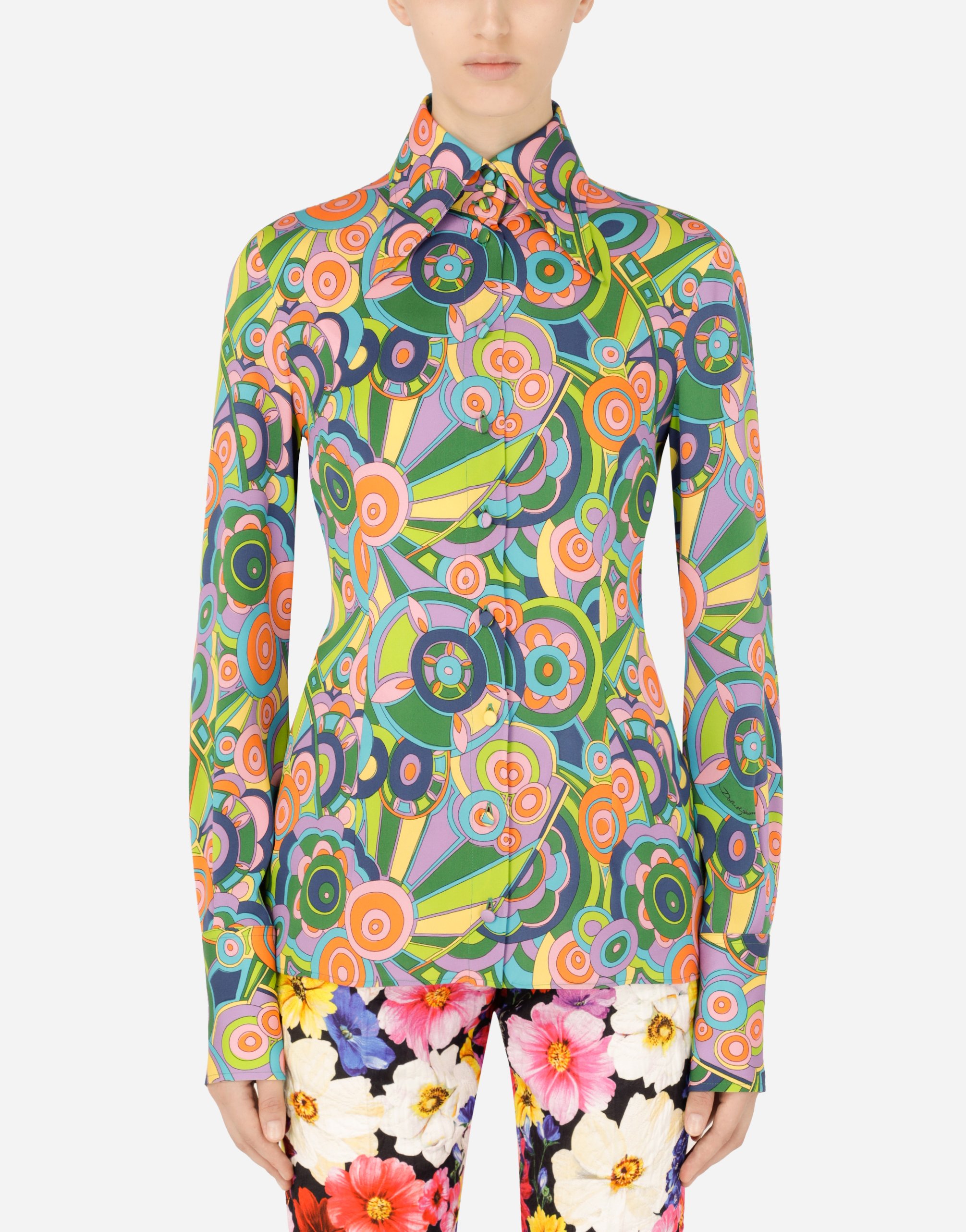60s-print charmeuse shirt in Multicolor