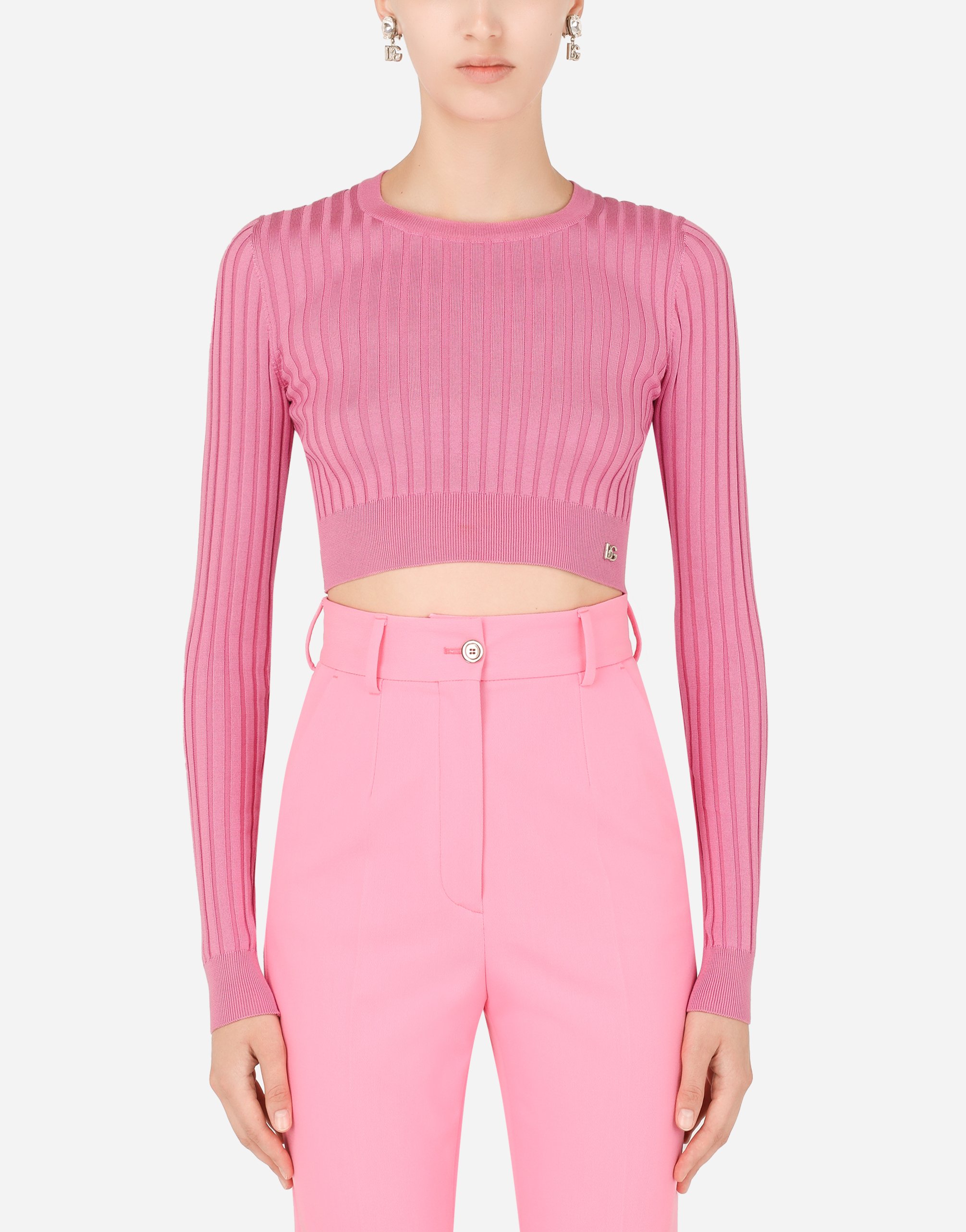 Ribbed silk sweater with DG logo in Pink