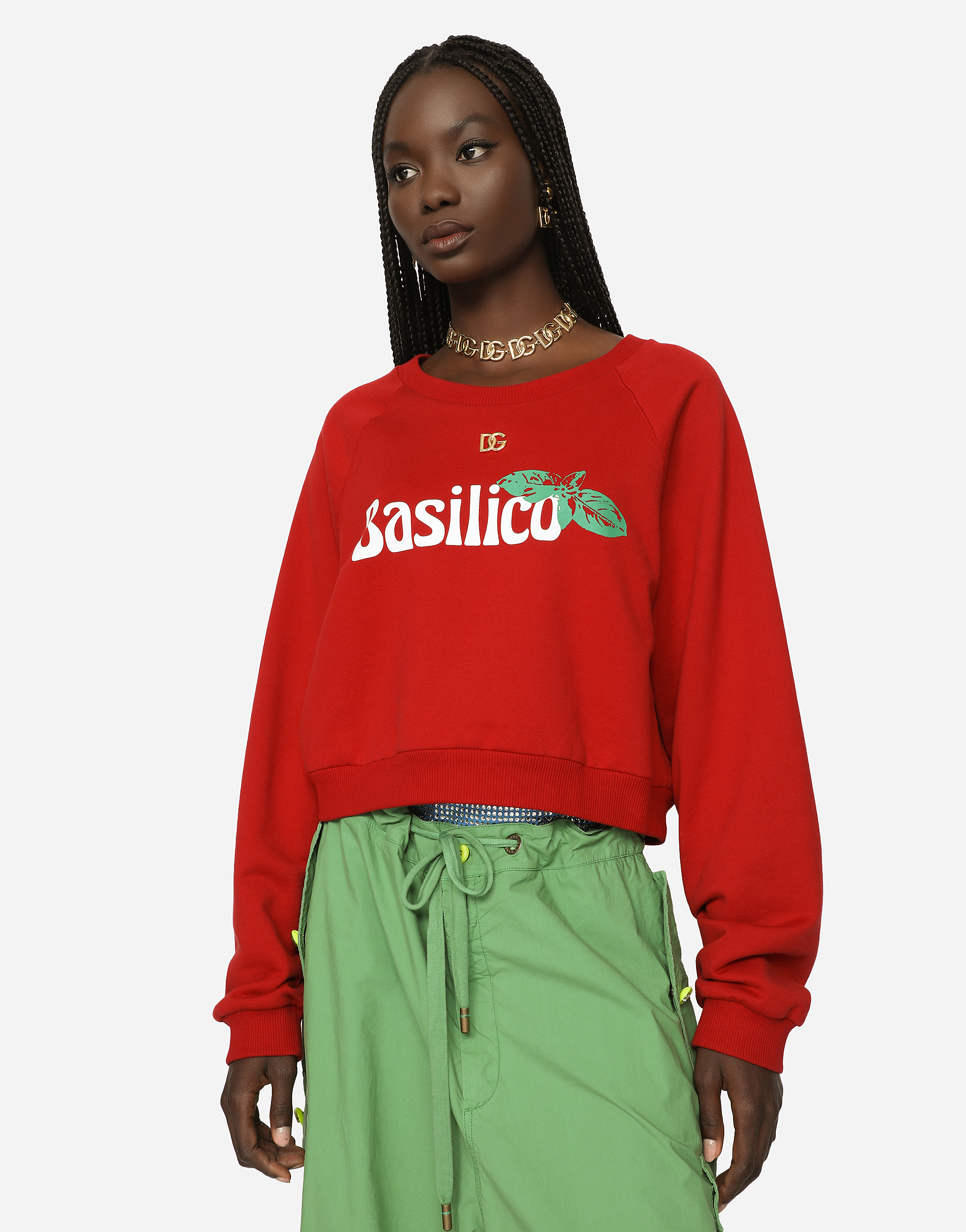Cropped basil-print jersey sweatshirt with DG logo in Multicolor