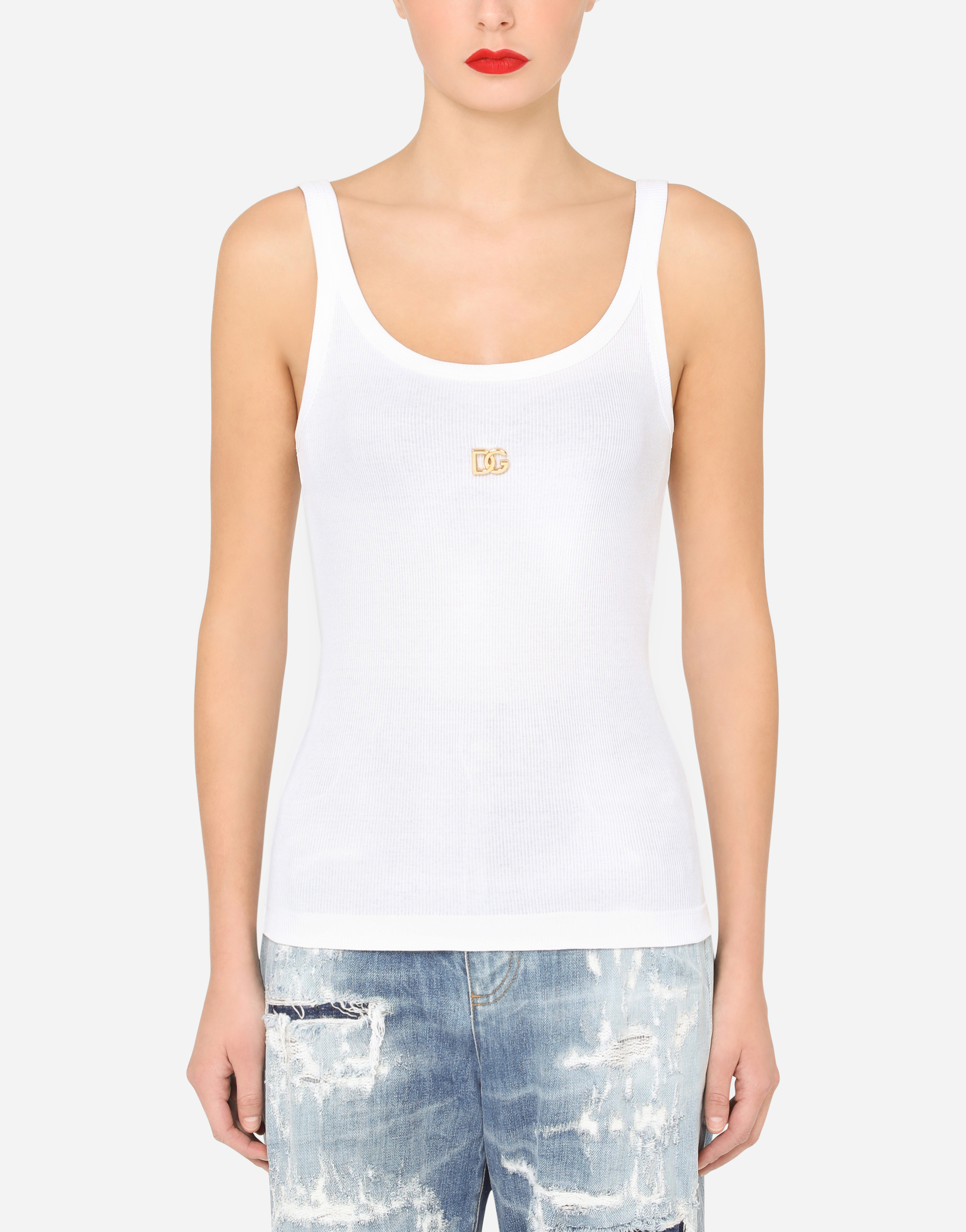 Fine-rib jersey tank top with DG logo in White