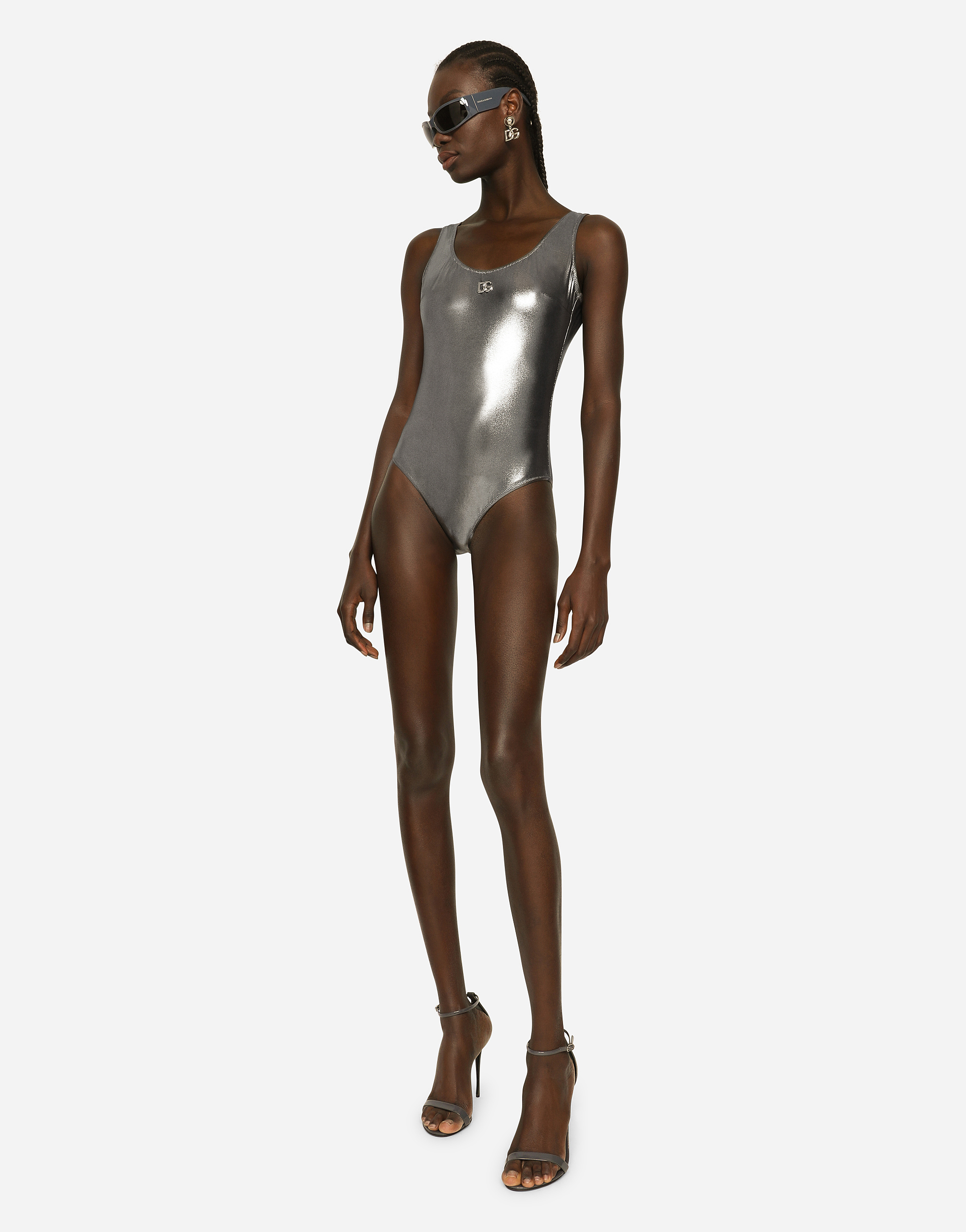 Shop Dolce & Gabbana Foiled Racer-style Swimsuit In Silver