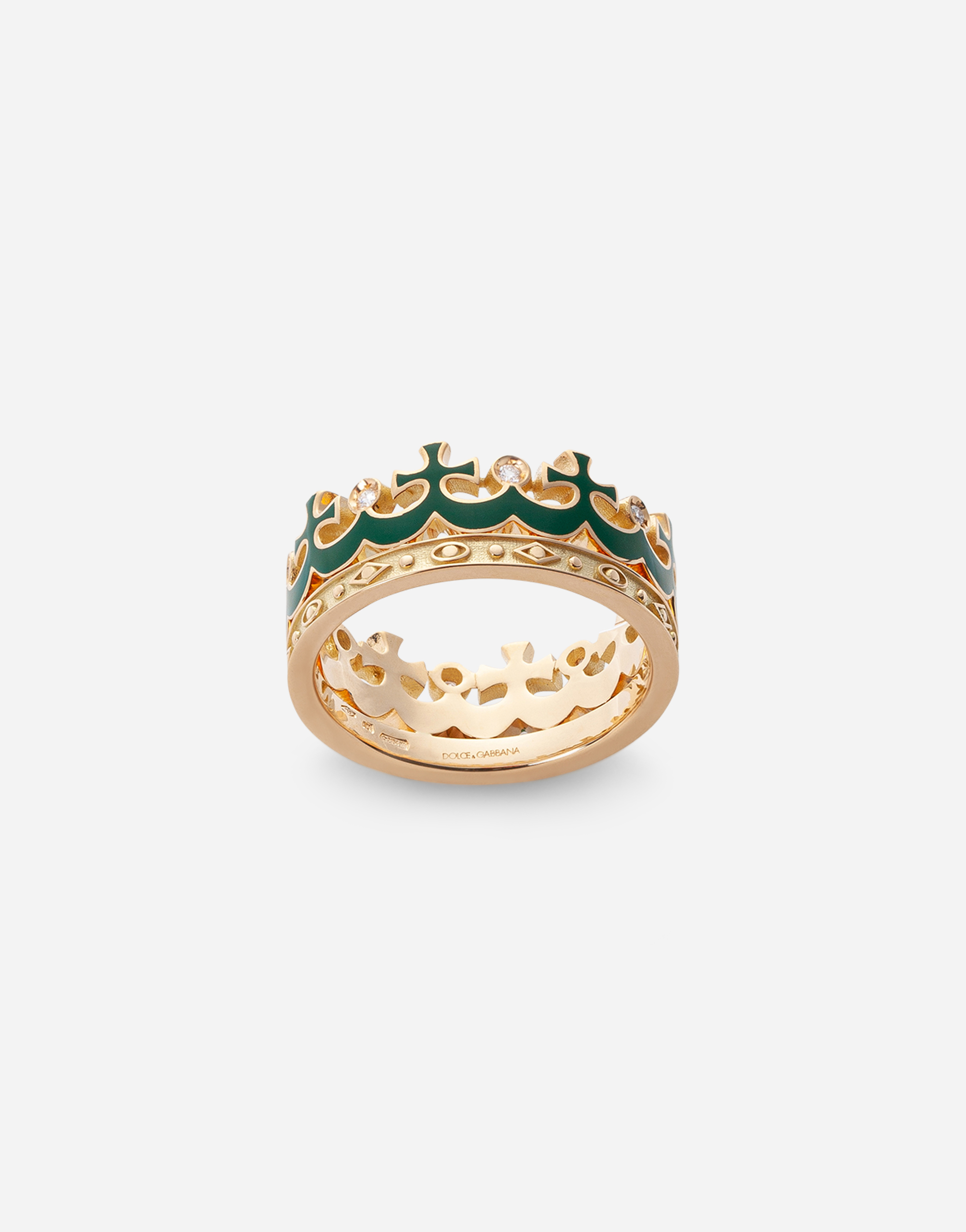 Crown yellow gold ring with green enamel crown and diamonds in Gold