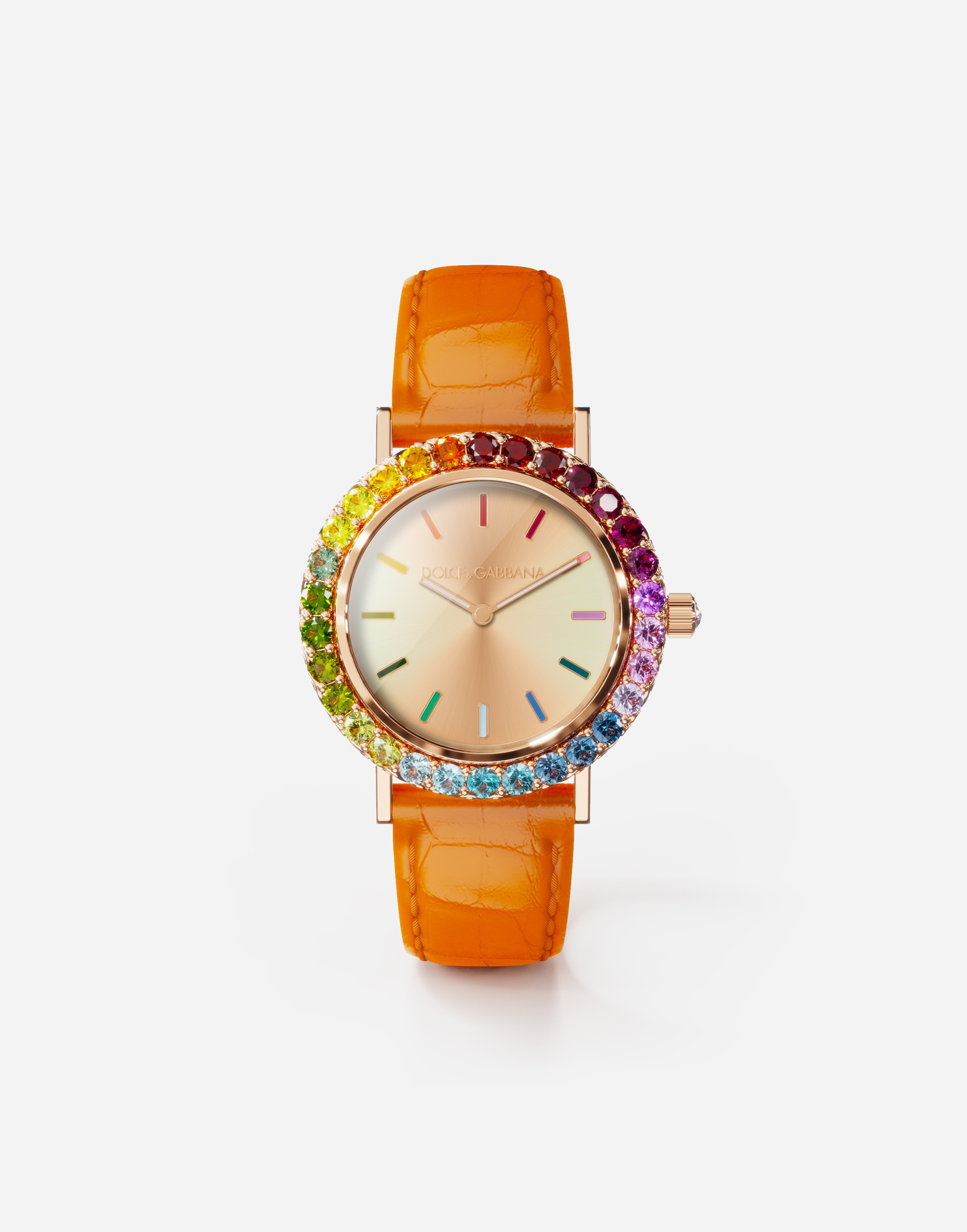 Iris watch in rose gold with multi-colored fine gems in Orange