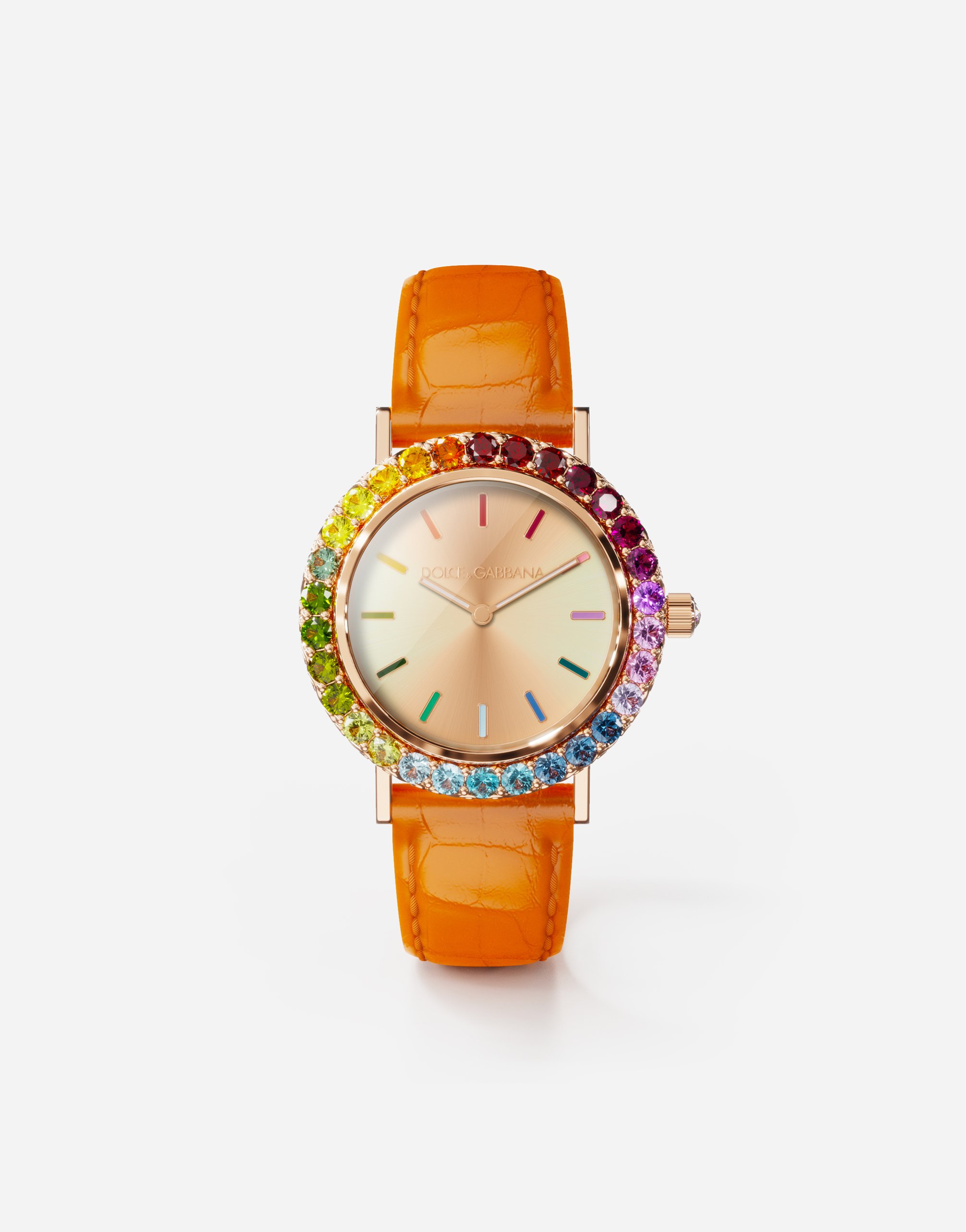 Iris watch in yellow gold with multicolored fine gems in Orange