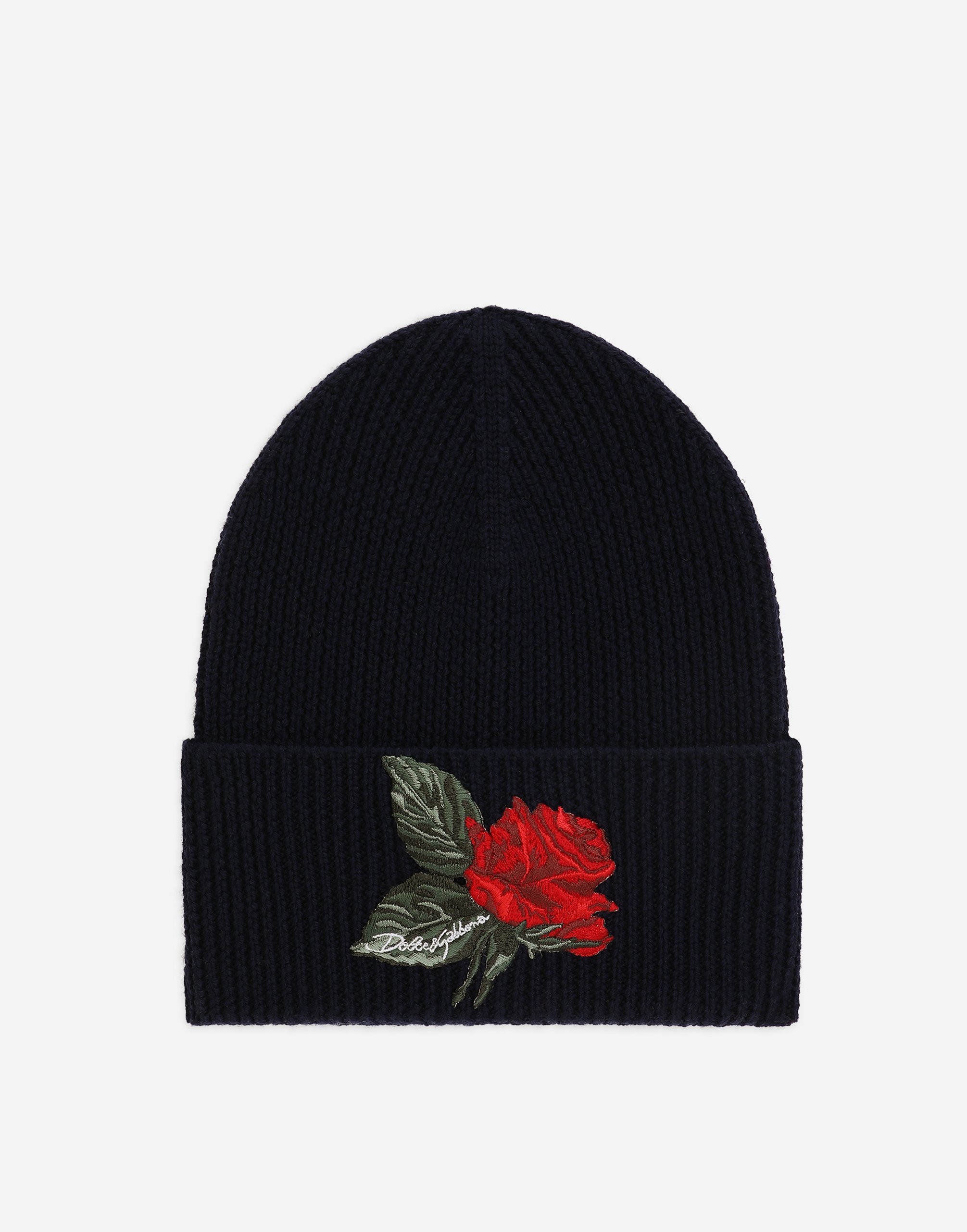 DOLCE & GABBANA RIBBED KNIT HAT WITH ROSE PATCH