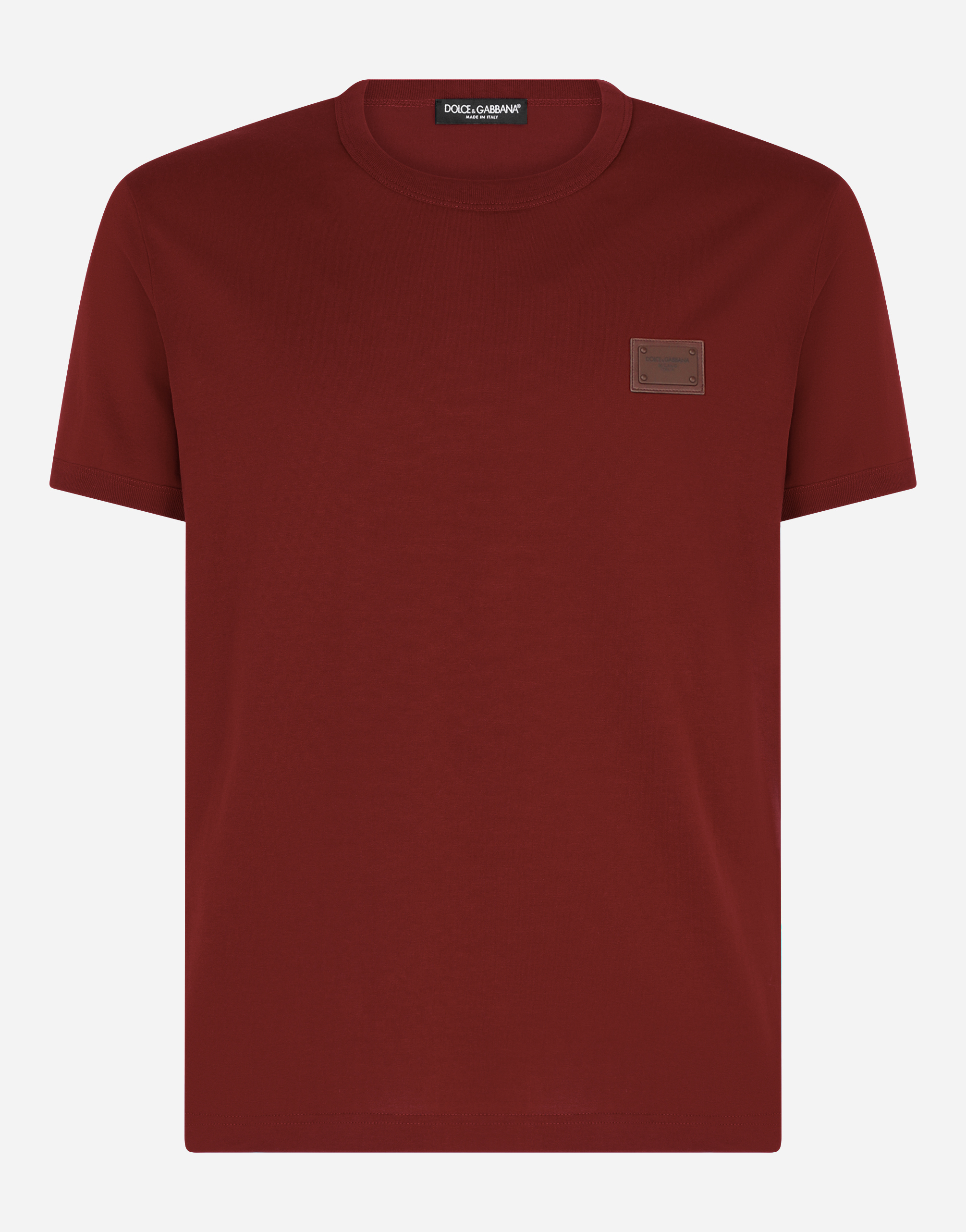Cotton V-neck T-shirt with branded plate in Bordeaux