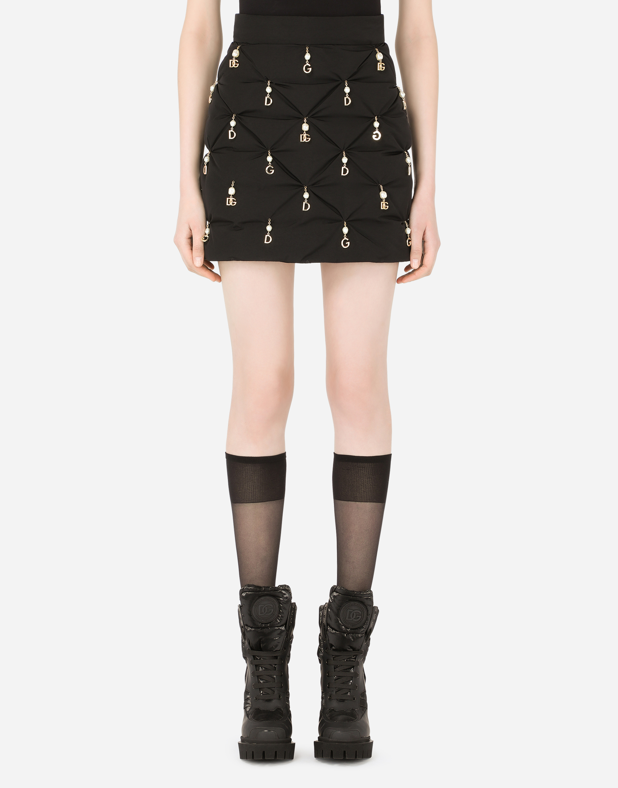 Quilted nylon miniskirt with pendant embellishment in Black