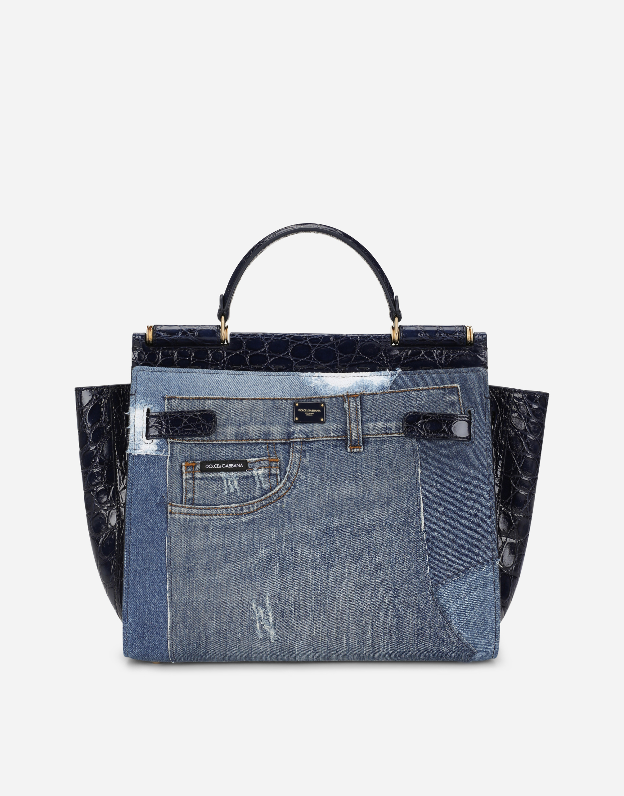 Large Sicily 62 soft bag in patchwork denim and crocodile flank leather in Denim