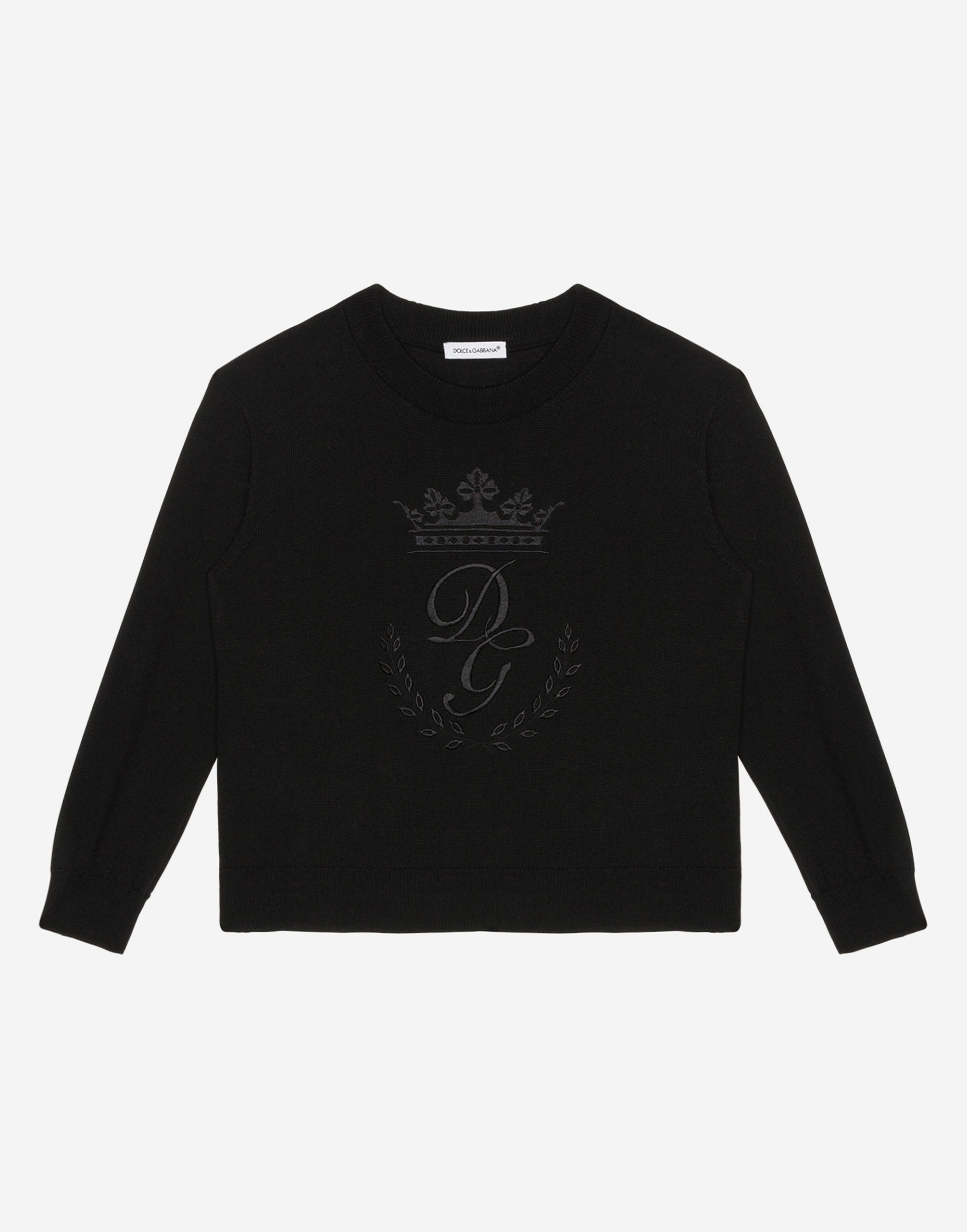 Cashmere round-neck pullover with Heritage embroidery in Black