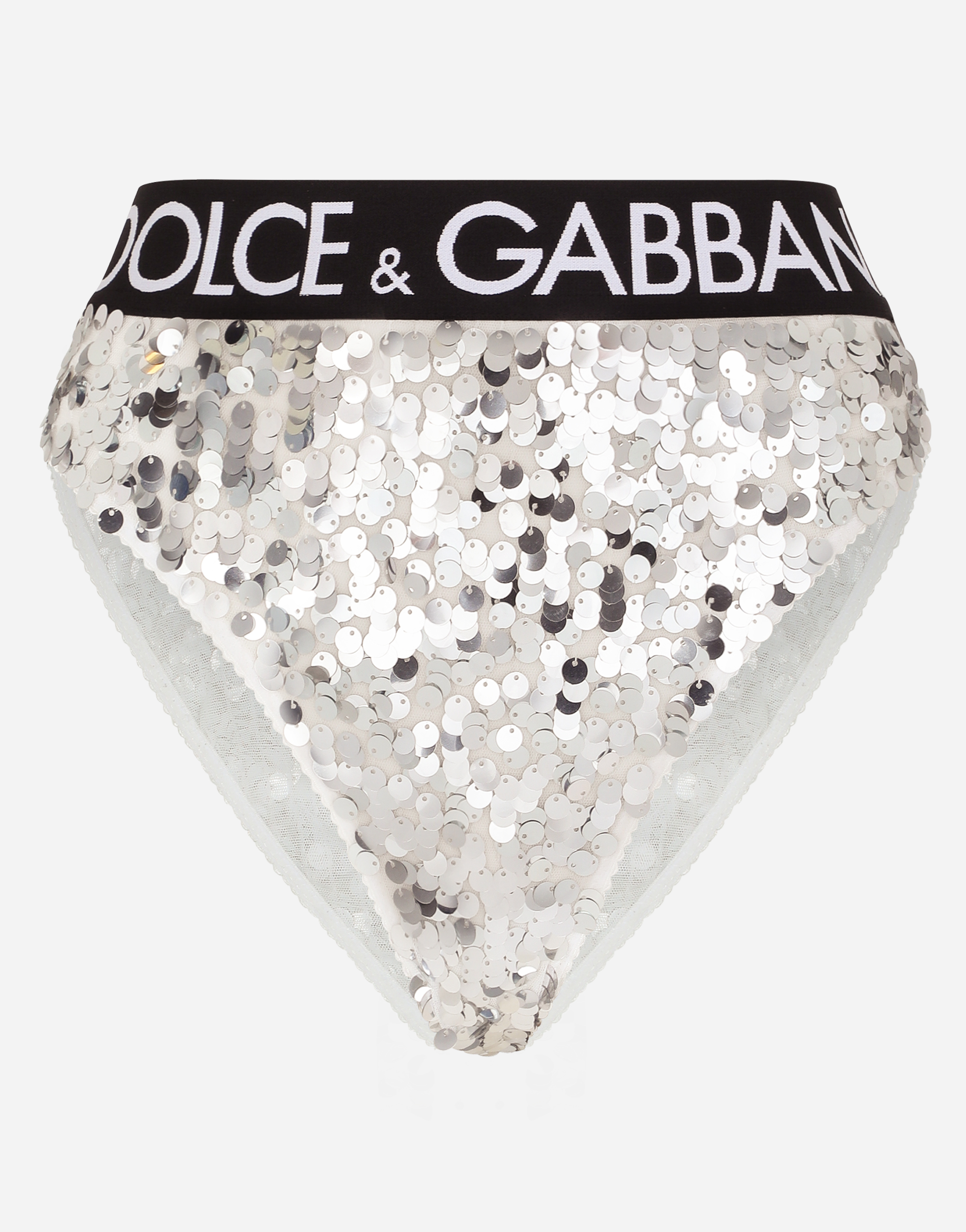 Sequined high-waisted briefs with branded elastic in Silver