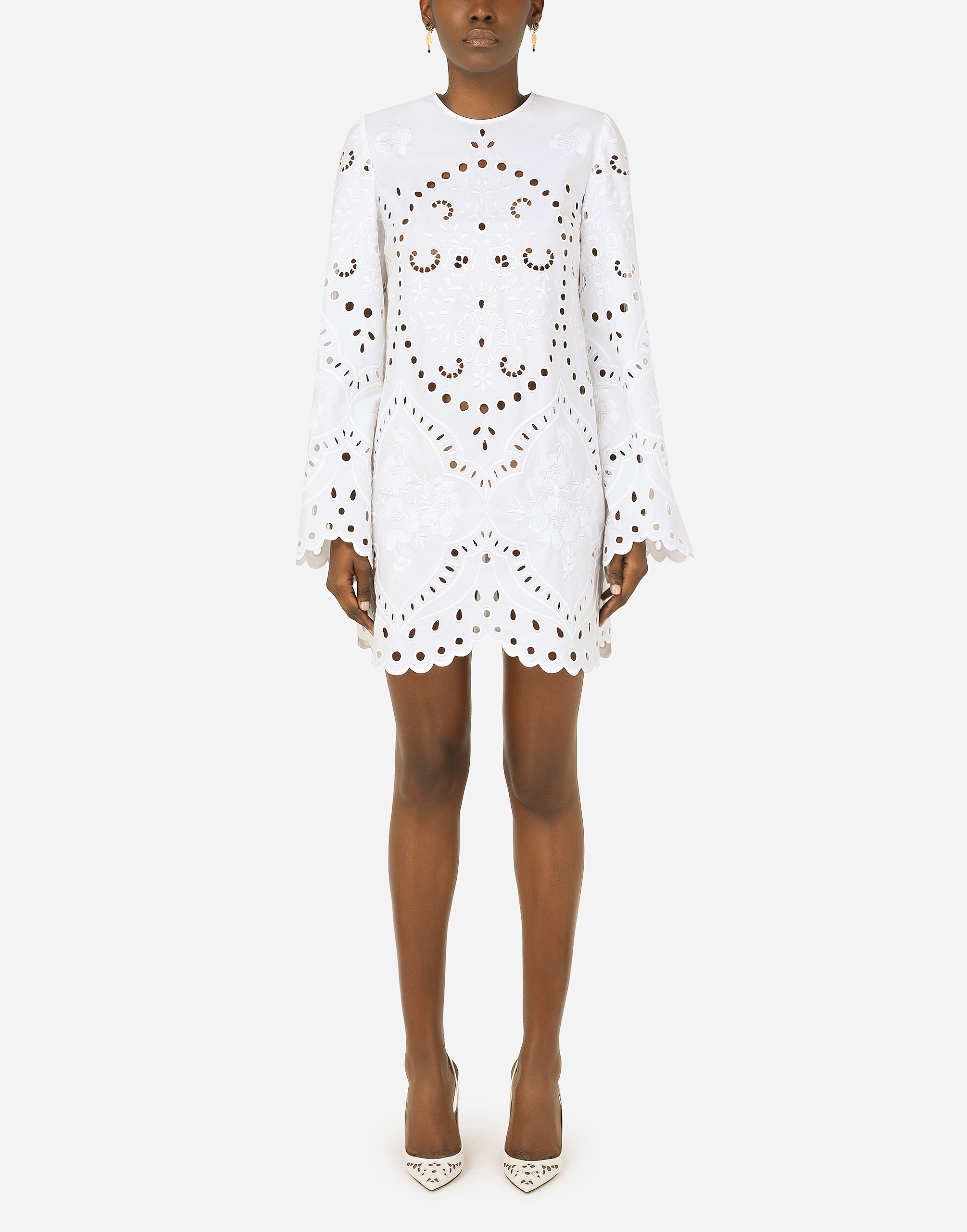 Short poplin dress with embroidery in White