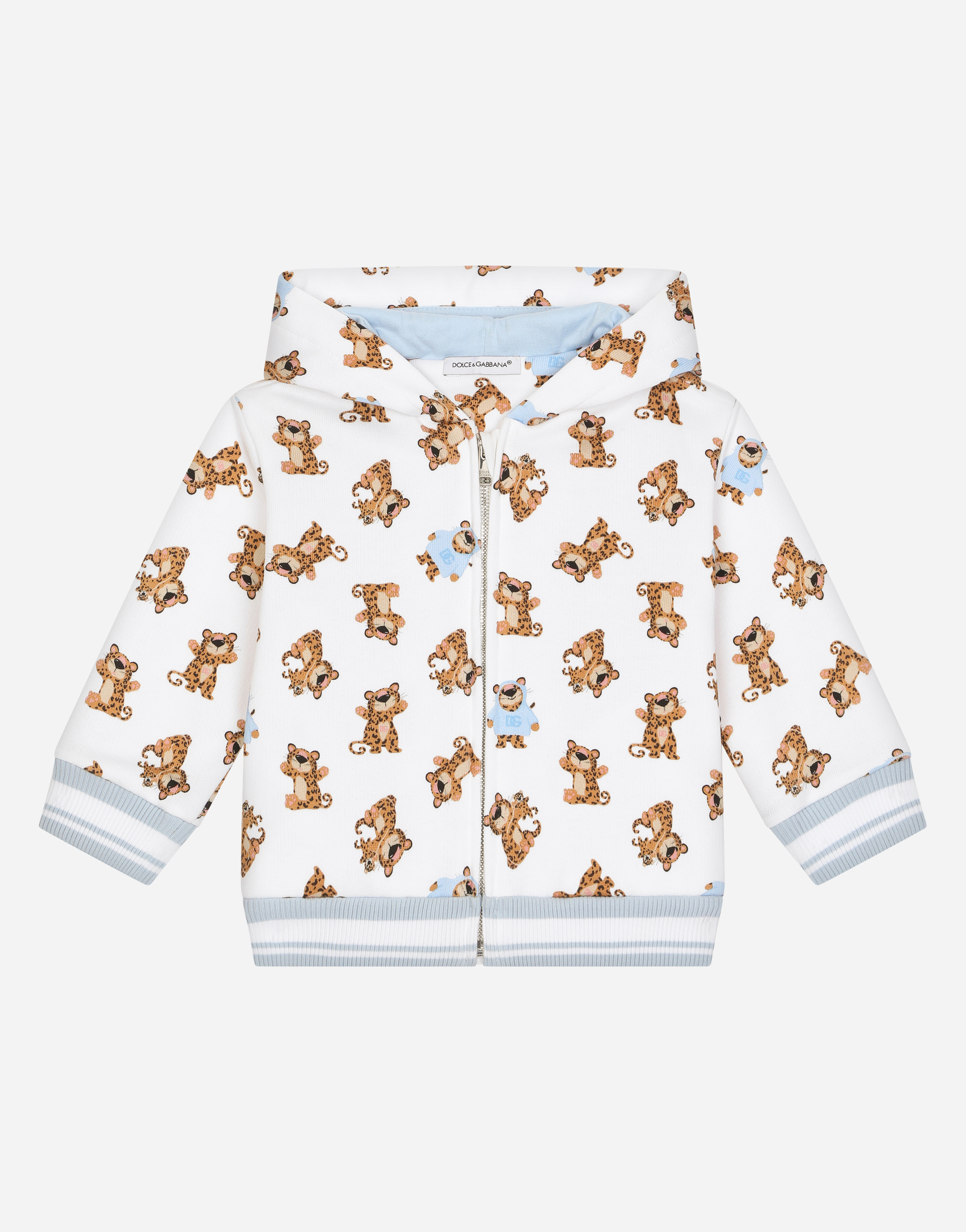 Zip-up jersey hoodie with baby leopard in White