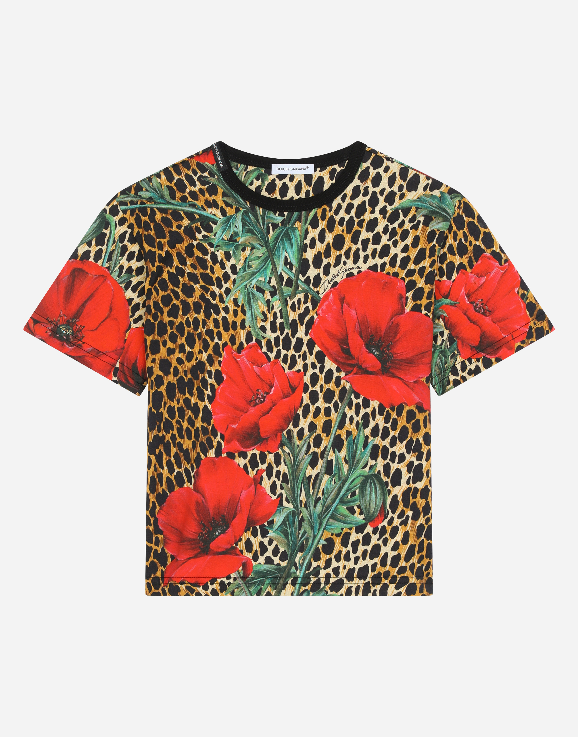Jersey T-shirt with ocelot and poppy print in Multicolor