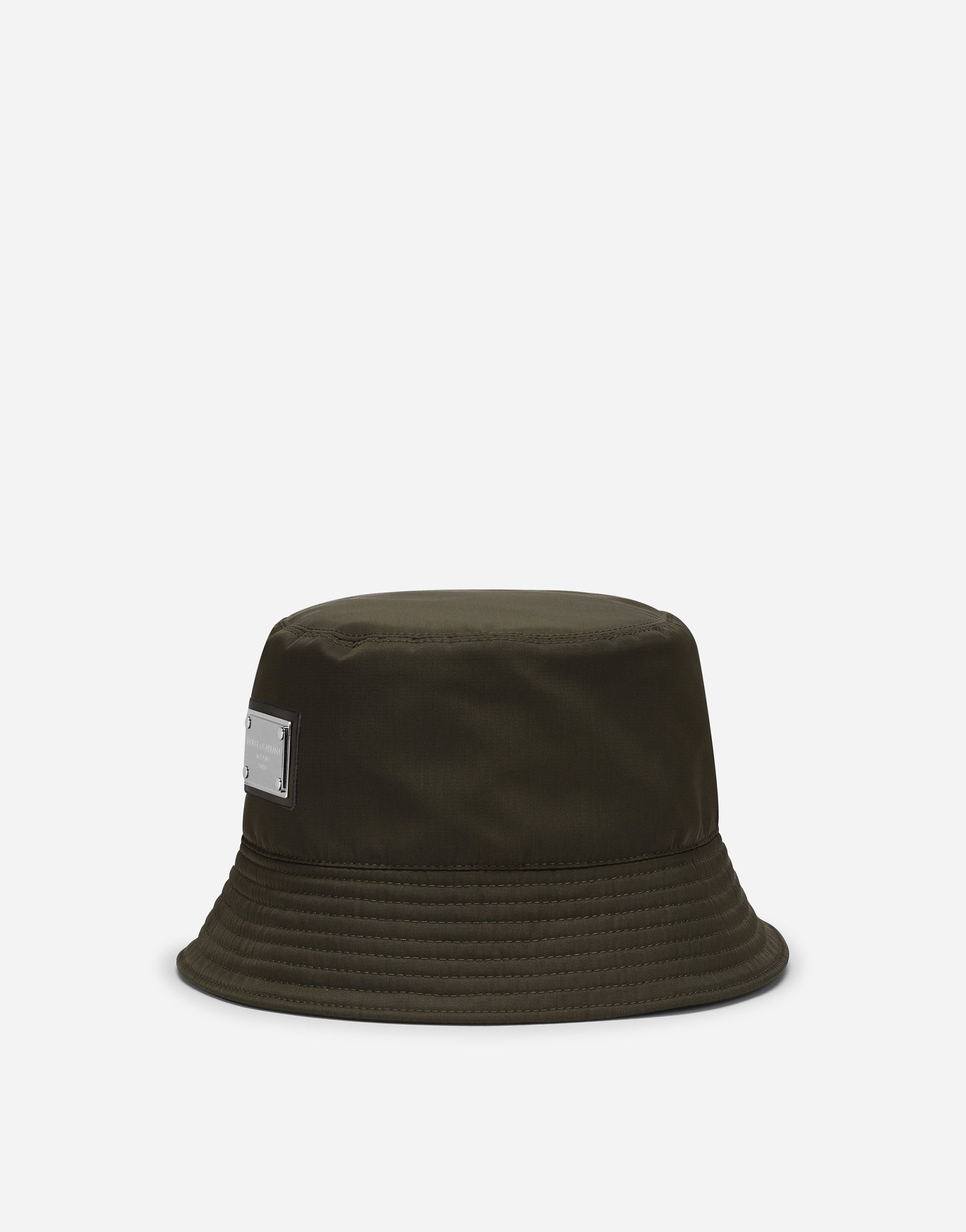 Nylon bucket hat with branded plate in Green
