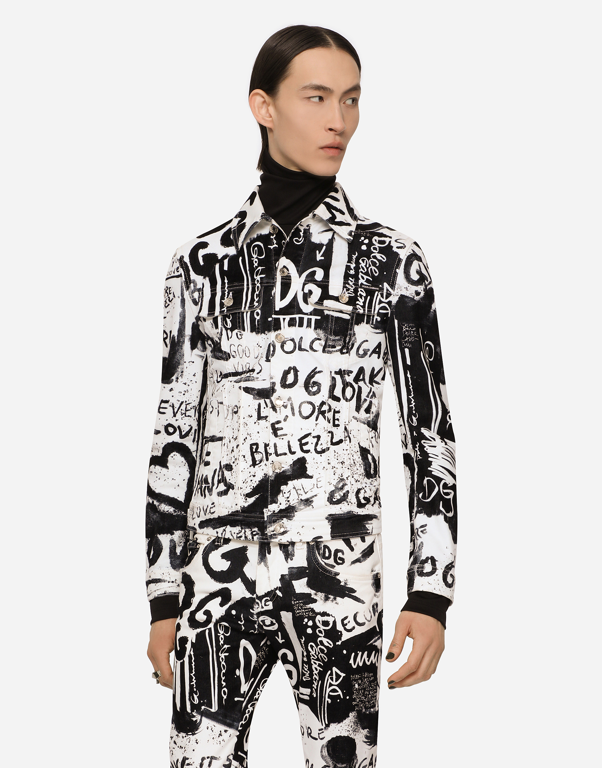 White stretch denim jacket with graffiti-print details in Multicolor